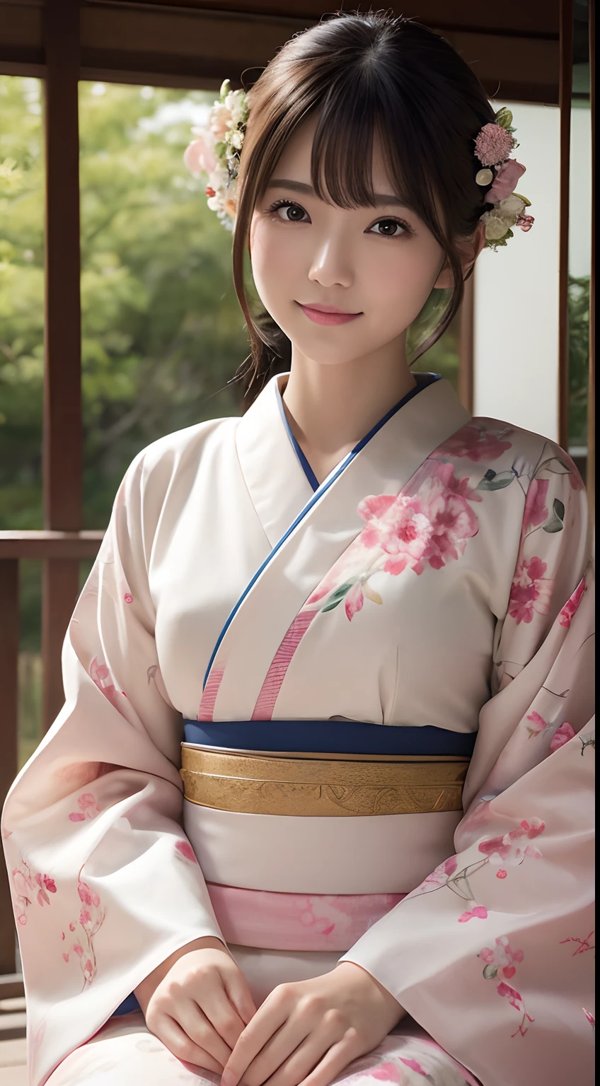 (Photorealsitic:1.4), (Top image quality:1.0), (超A high resolution:1.0), 8K, Raw photography, (masterpiece:0.2), (pureerosface_v1:0.5)、(Best Quality Detail:1.2)、realisitic、8K UHD、hight resolution、(1girl in:1.2)、The ultra-detailliert、High quality textures、intricate detailes、detaileds、Very detailed CG、High quality shadows、Detail Beautiful delicate face、Detail Beautiful delicate eyes、depth of fields、Ray traching,1girl in, japanaese girl, Cute, slender, Kimono with Japanese pattern,Floral scrunchie, Beautiful skin, Facing the front,Sit down, Sit upright and say thank you,Align your hands elegantly,Smile faintly The Land of Japan,Japanese garden,Luxury Japanese-style room, skyporn, Magic Hour, (Realistic:1.3), Finely detailed, quality, (masutepiece:1.2), (Photorealistic:1.2), (Best Quality), (Intricate details), Dramatic, Ray tracing, photograph, +Lola