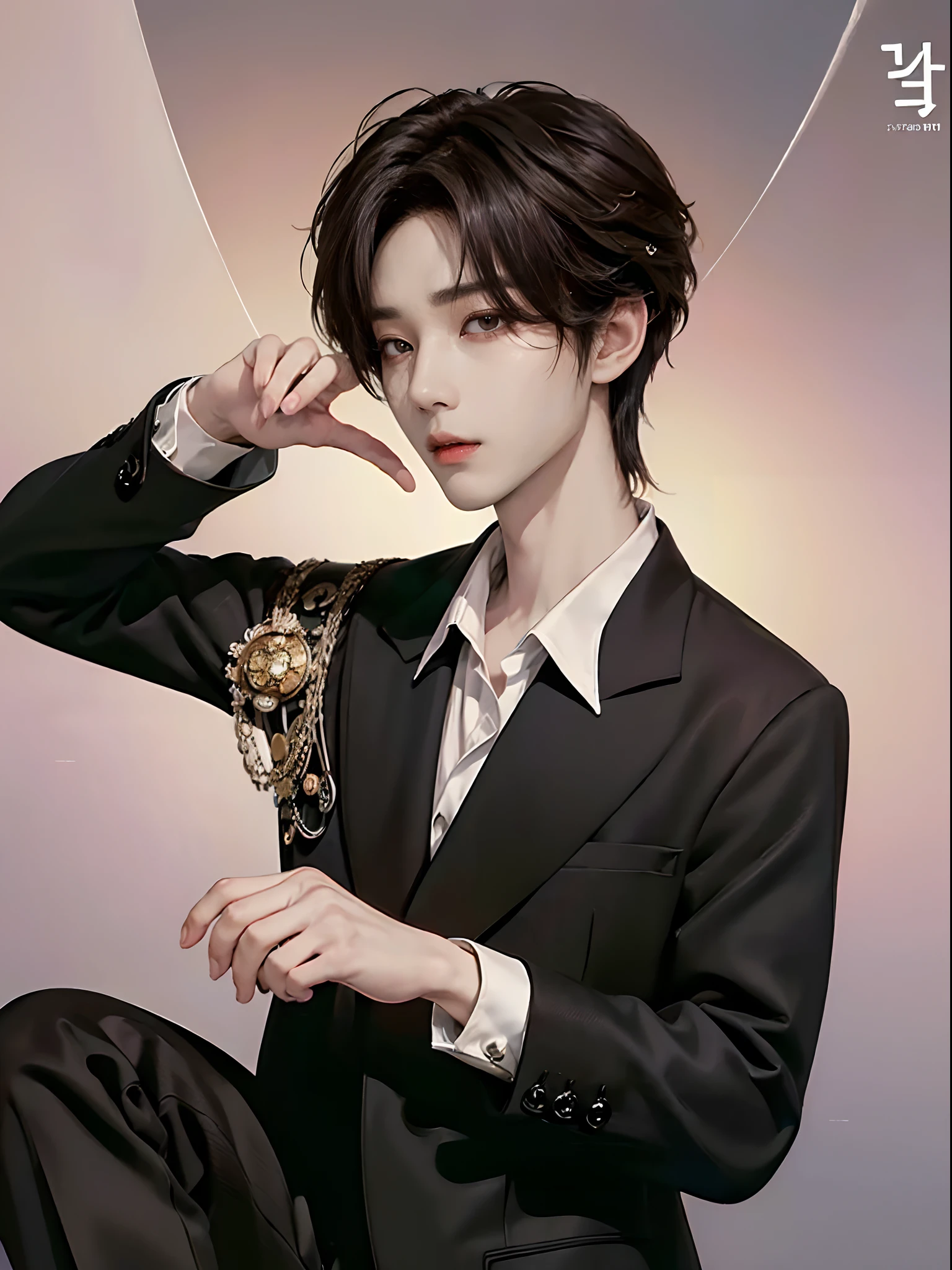 ((4K works))、masterpiece、(top-quality)、((high-level image quality))、One Manly Boy、Slim body、((Dressed in a black tuxedo))、(Detailed beautiful eyes)、((Model Magazines))、Face similar to Chaewon in Ruseraphim、((short hair above the ears))、((Smaller face))、((Neutral face))、((Light brown eyes))、((Korean boy))、((18year old))、((Handsome man))、((A charming expression))、((Korean Makeup))、((elongated and sharp eyes))、((Photographed so that the whole body can be seen))、((Focus zoom out))、((Model Magazine Cover))、((model poses))、((Model photo))、Professional Photos、((Magazine covers))
