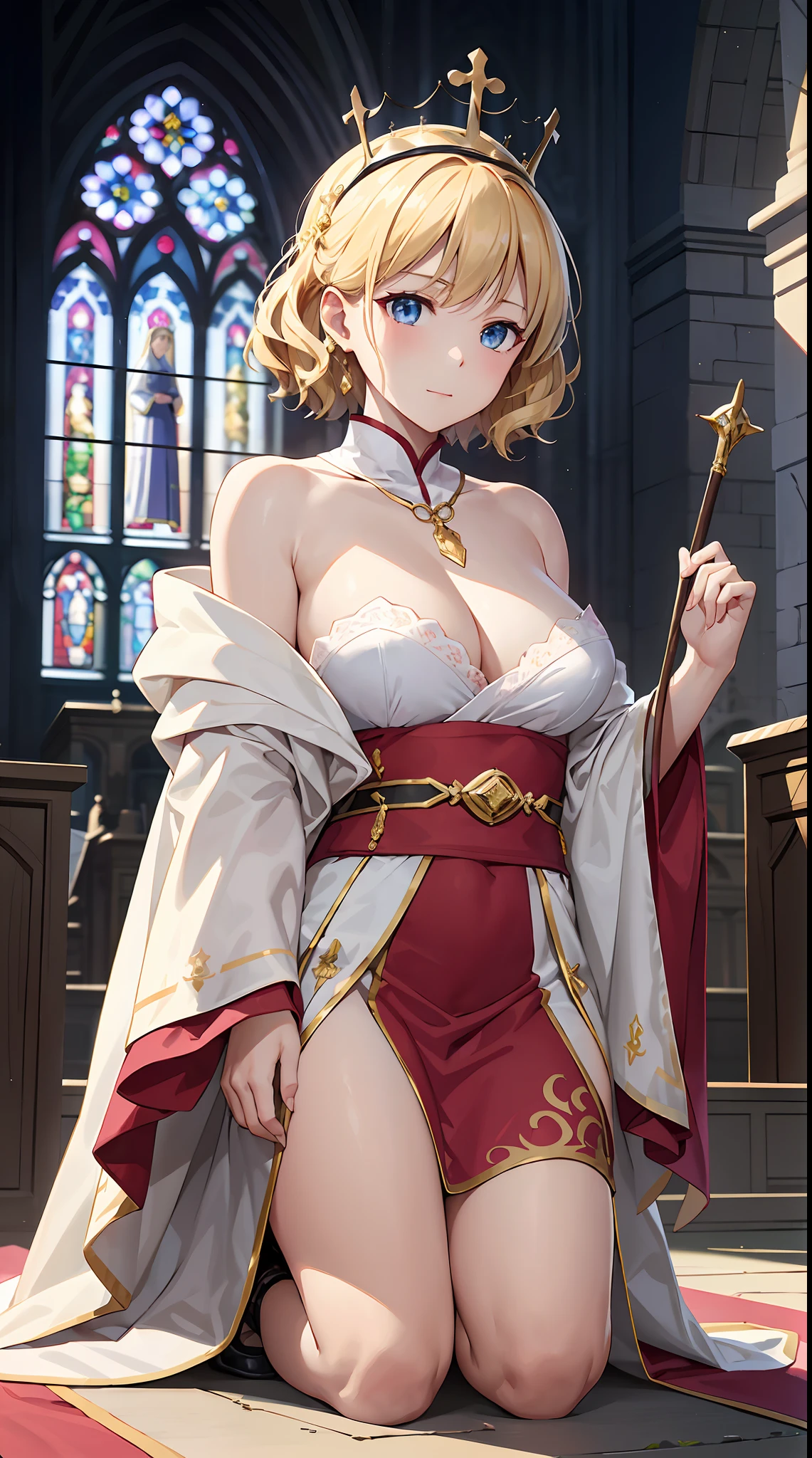 (The Young Queen and the Priest two people:1.5)、(two people:2.0)((The little queen is in the robe décolleté(Shawl over the shoulder:1.5):1.3) The priest puts the crown on the queen's head:1.3)、Westminster Abbey、Coronation、(Background with: Inside Westminster Abbey、Towering Gothic arches and stained glass are beautifully painted。Many nobles and church officials line up in front of the altar.:1.2)。 (人物: Queen Elizabeth at an early age:1.3)。Hairstyle is short hair、Hair color is blonde、Hair quality is wavy。 Facial expressions and eyes: Sincere look、Eyes are blue、Realistic and complex eyes。 (garments: Robe décolleté and shoulder shawl。Richly decorated robes in gold and purple:1.1)。 (Poses:Kneeling、The moment the priest puts the crown on his head:1.2)。 (effect: Focus on Queen Elizabeth and the Crown。Respect for formality and tradition、Emphasizing the sacred atmosphere:1.2)。 styles: Real Taste Special Elements: hightquality、Inner peace、masterwork、Real Stick、(Formal and traditional:1.5)、 Intricate and detailed to the smallest detail、An ultra-high picture quality、ultra-quality、Haisole、16k wallpaper、face perfect、Perfect eyes、perfect anatomia、Backgrounds with intricate and depth in every detail、Three-dimensional and dense background、Realistic texture、Realistic materials、Complex and detailed eyes、(Background filled with meticulous details:1.3)