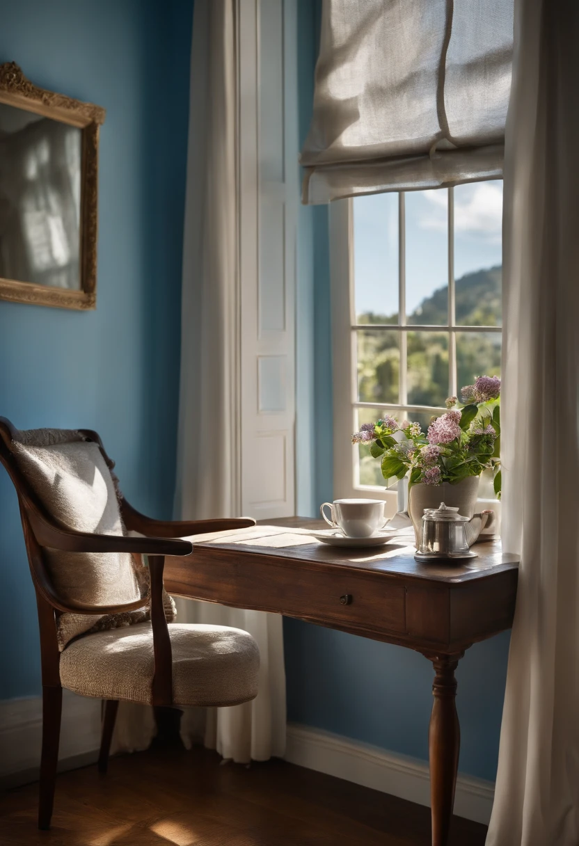 Uma imagem real de um ambiente aconchegante, com livros abertos, cup of tea or coffee on a desk that is illuminated by the light that enters through a window with sky blue silk curtains, This image conveys a sense of knowledge and self-discovery, com flores azuis e lilas, the walls are white with bookshelf.