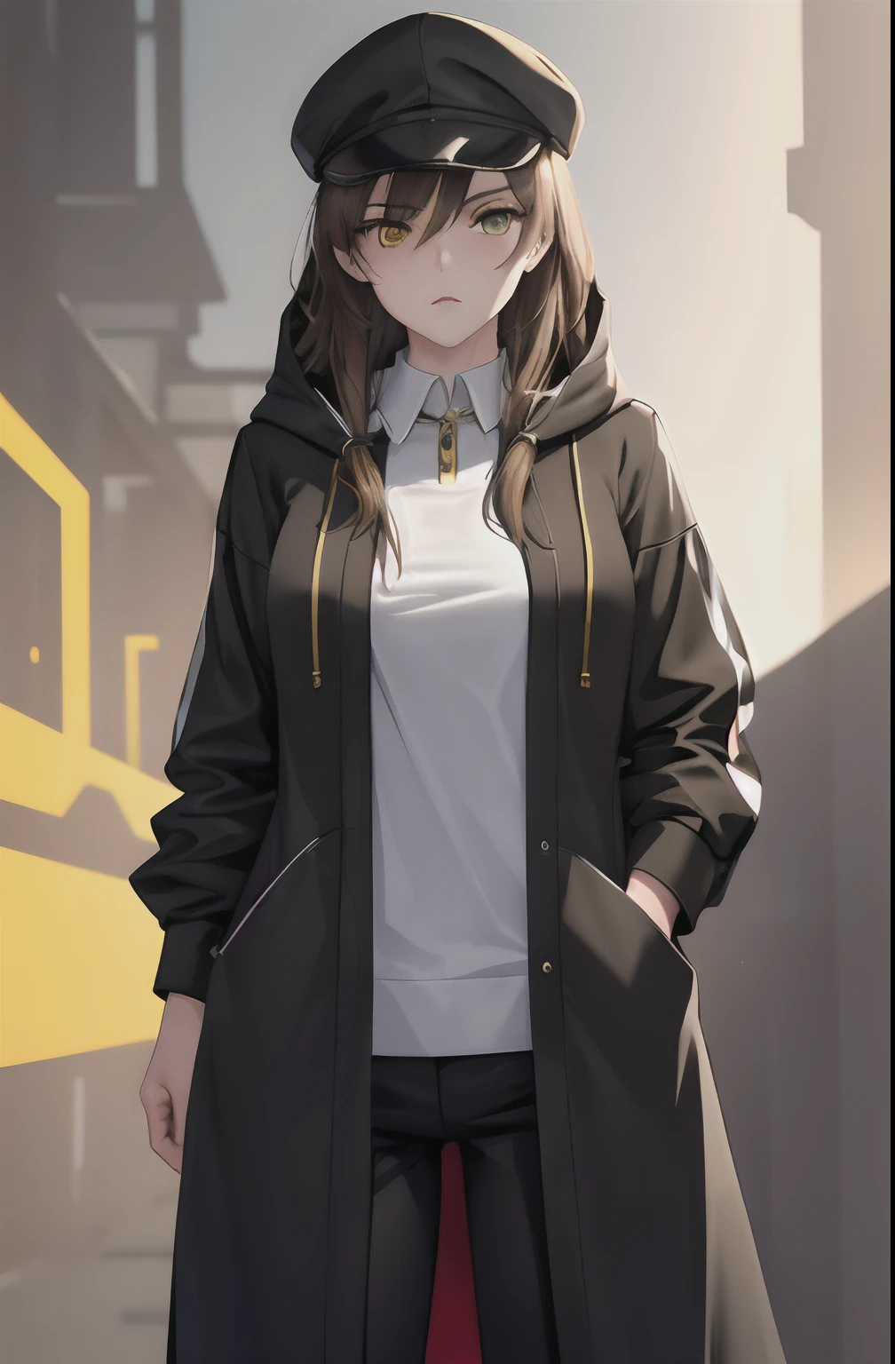kk, best quality, more details, masterpiece, 1 girl, female focus, solo, heterochromia, An assassin woman in a black hooded suit, wear a cap.brown background, yellow eyes, long hair, shirt, brown hair, collared looking at viewer, luxurious, 8k, detailed, ray tracing, depth of field, cinematic lighting, Simple yellow lines, simplified.