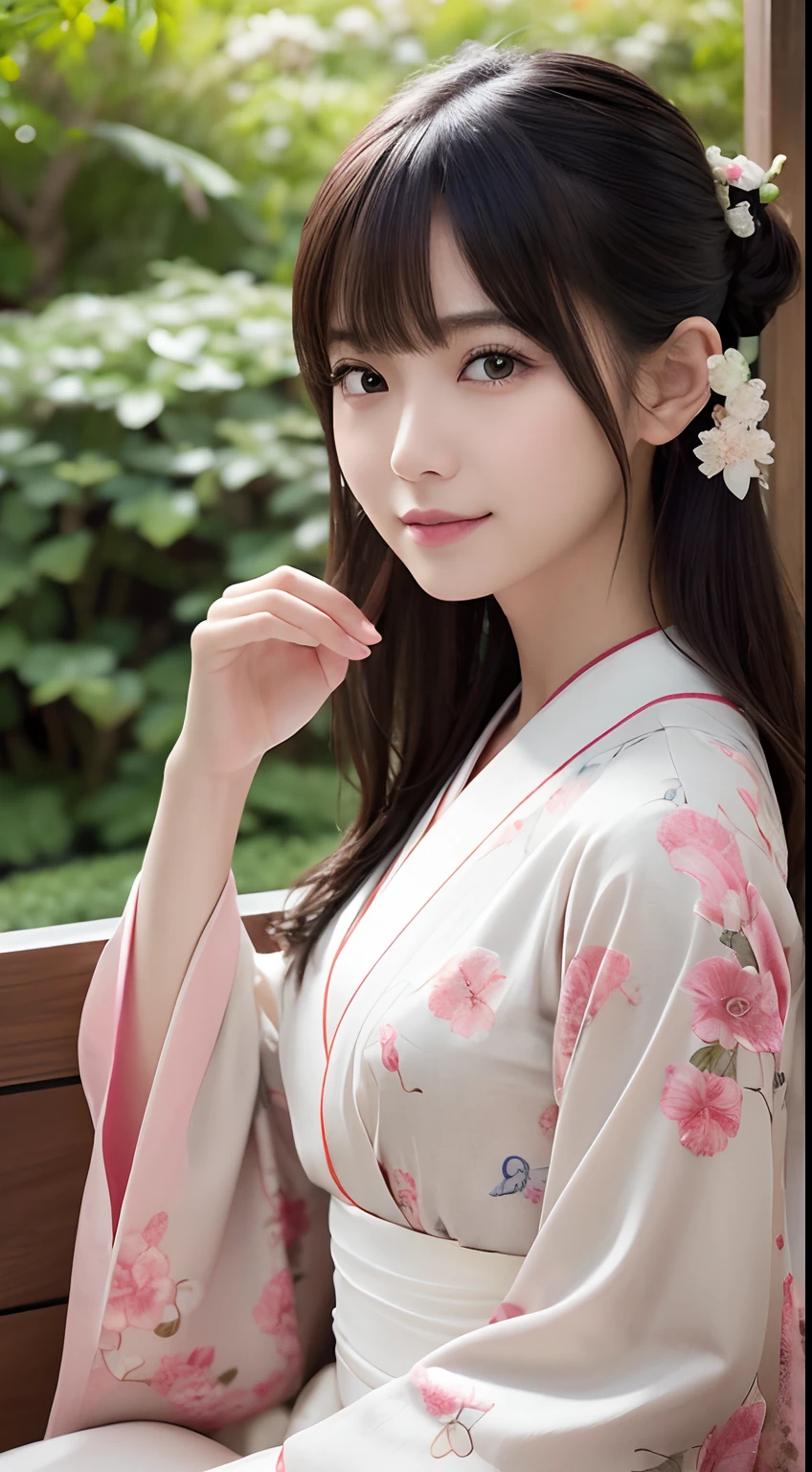 (Photorealsitic:1.4), (Top image quality:1.0), (超A high resolution:1.0), 8K, Raw photography, (masterpiece:0.2), (pureerosface_v1:0.5)、(Best Quality Detail:1.2)、realisitic、8K UHD、hight resolution、(1girl in:1.2)、The ultra-detailliert、High quality textures、intricate detailes、detaileds、Very detailed CG、High quality shadows、Detail Beautiful delicate face、Detail Beautiful delicate eyes、depth of fields、Ray traching,1girl in, japanaese girl, Cute, slender, Kimono with Japanese pattern,Floral scrunchie, Beautiful skin, Facing the front,Sit down, Sit upright and say thank you,Align your hands elegantly,Smile faintly The Land of Japan,Japanese garden,Luxury Japanese-style room, skyporn, Magic Hour, (Realistic:1.3), Finely detailed, quality, (masutepiece:1.2), (Photorealistic:1.2), (Best Quality), (Intricate details), Dramatic, Ray tracing, photograph, +Lola