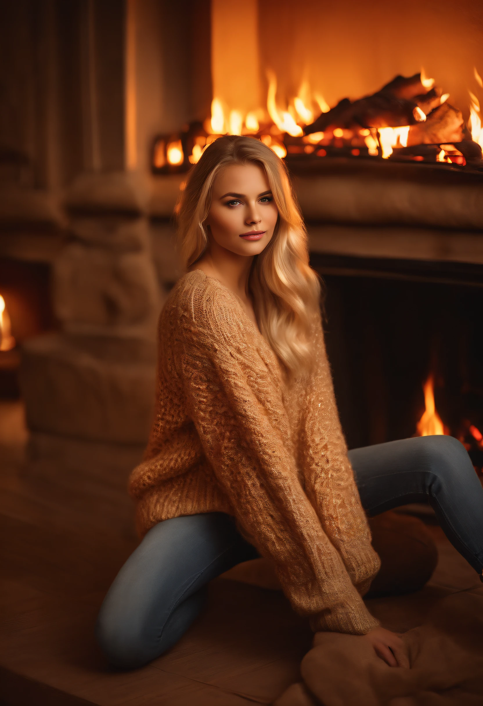 (blonde girl, full body, in a sweater, in front of a fireplace)