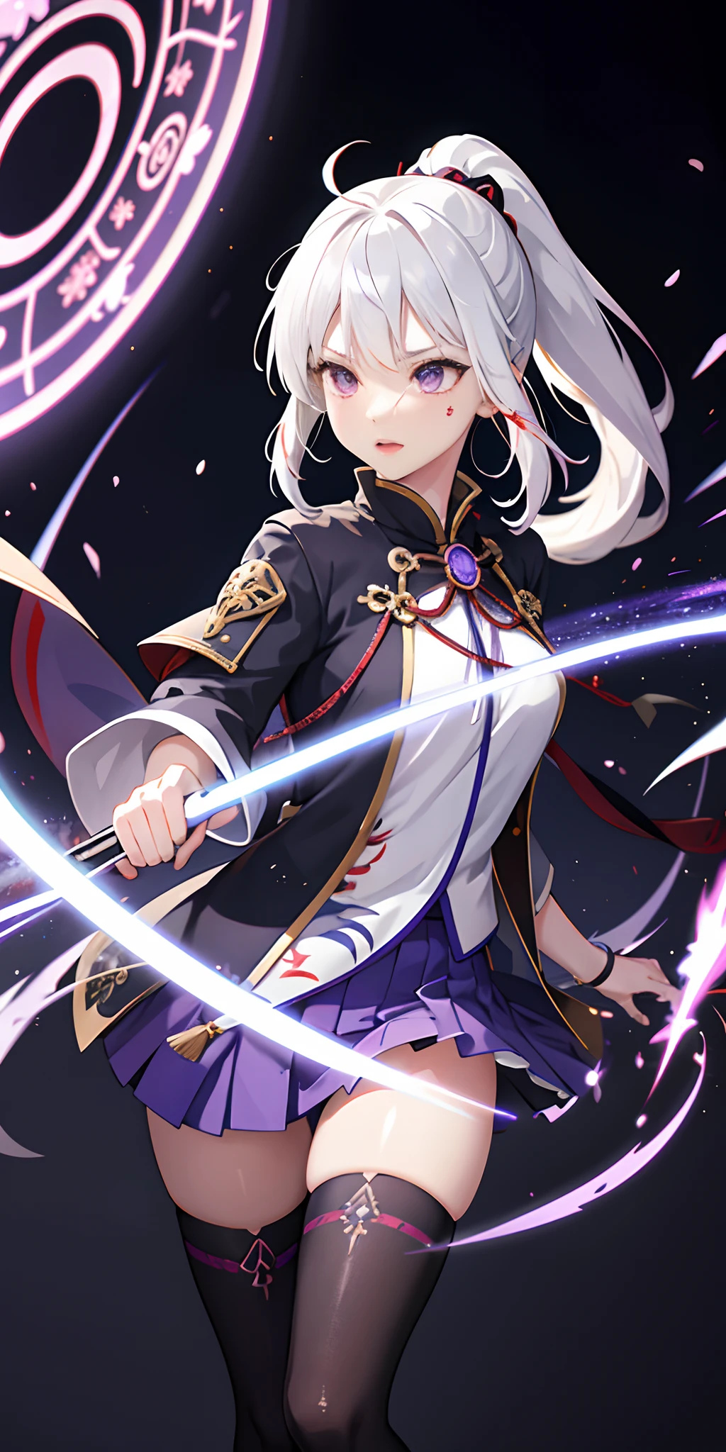1girl, japanese clothes, ponytail ,white hair, purple eyes, magic circle, blue fire, blue flames, wallpaper, landscape, blood, blood splatter, depth of field, night, light particles, light rays, sidelighting, thighs, fate \(series\), genshin impact, ****, open jacket, skirt, thighhighs, cloud