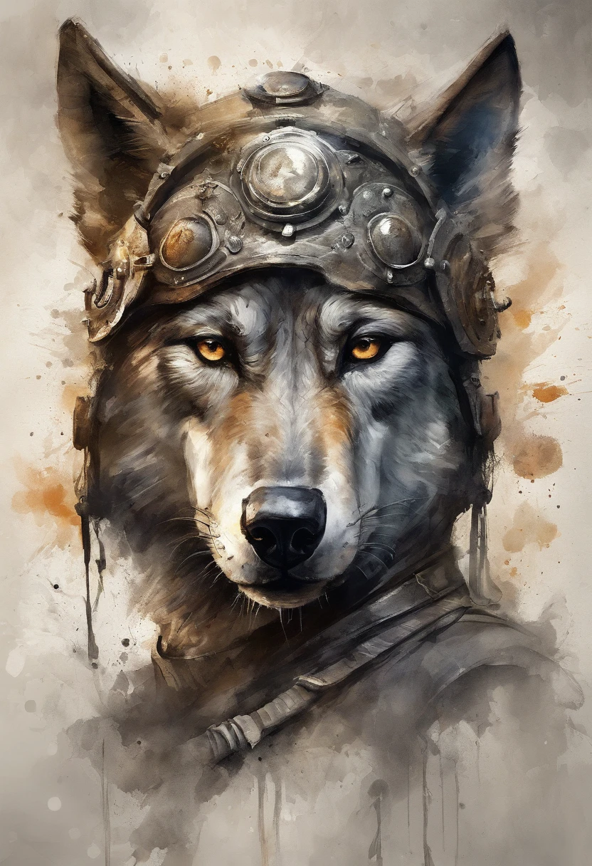 maximum quality, Dramatic lighting, menacing pose, fierce expression, epic atmosphere, (((wolf head shaped helmet))), (((full body shot))),a wolf made out of metal, cyborg, cyberpunk style, clockwork, ((intricate details)), hdr, ((intricate details, hyperdetailed)), incandescent lamps, cinematic shot, vignette, bokeh effect beckground, (canines), (full body shot), naked woman with a turtleneck