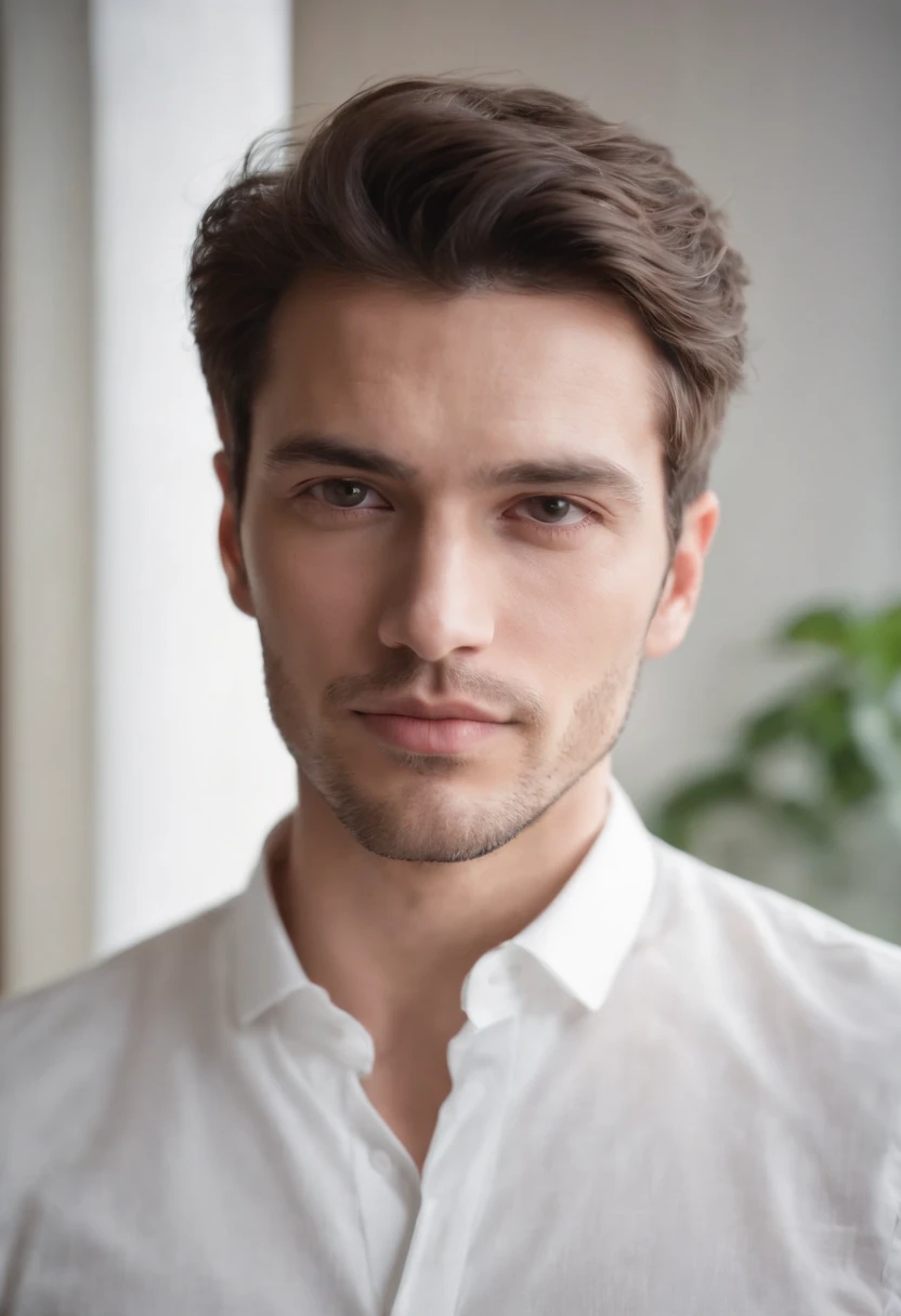 Portrait of handsome man 30 years old round face cinematic appearance、Camisa branca e jaqueta、Looking in front of the camera