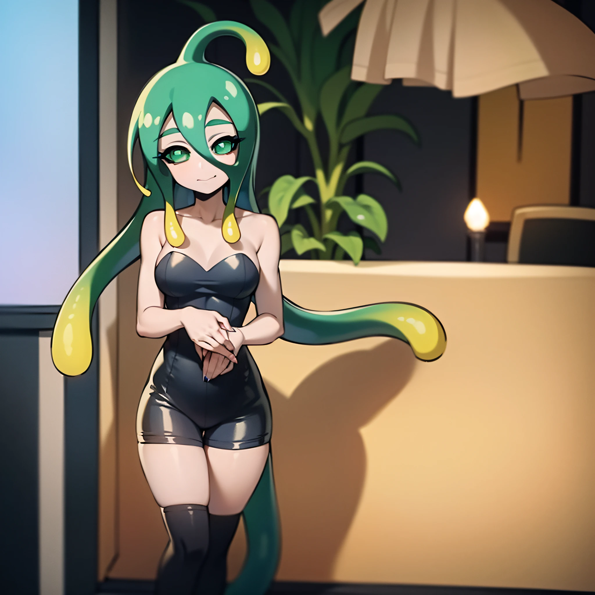 ((suu(monster musume))),Anime coloring, ciudad, senos, solo, ojos verdes,((( piel azul))), ((chica limo)), impermeable, sonrisa, ((cabello verde de limo)), piel de color azul, impermeable amarillo, chica monstruo, cabello largo, tentacle hair, senos grandes, escote, ahoge, rubor, cabello muy largo, sentado, mirando al espectador, wariza, mano entre piernas, entre piernas,((1girl,solo)),