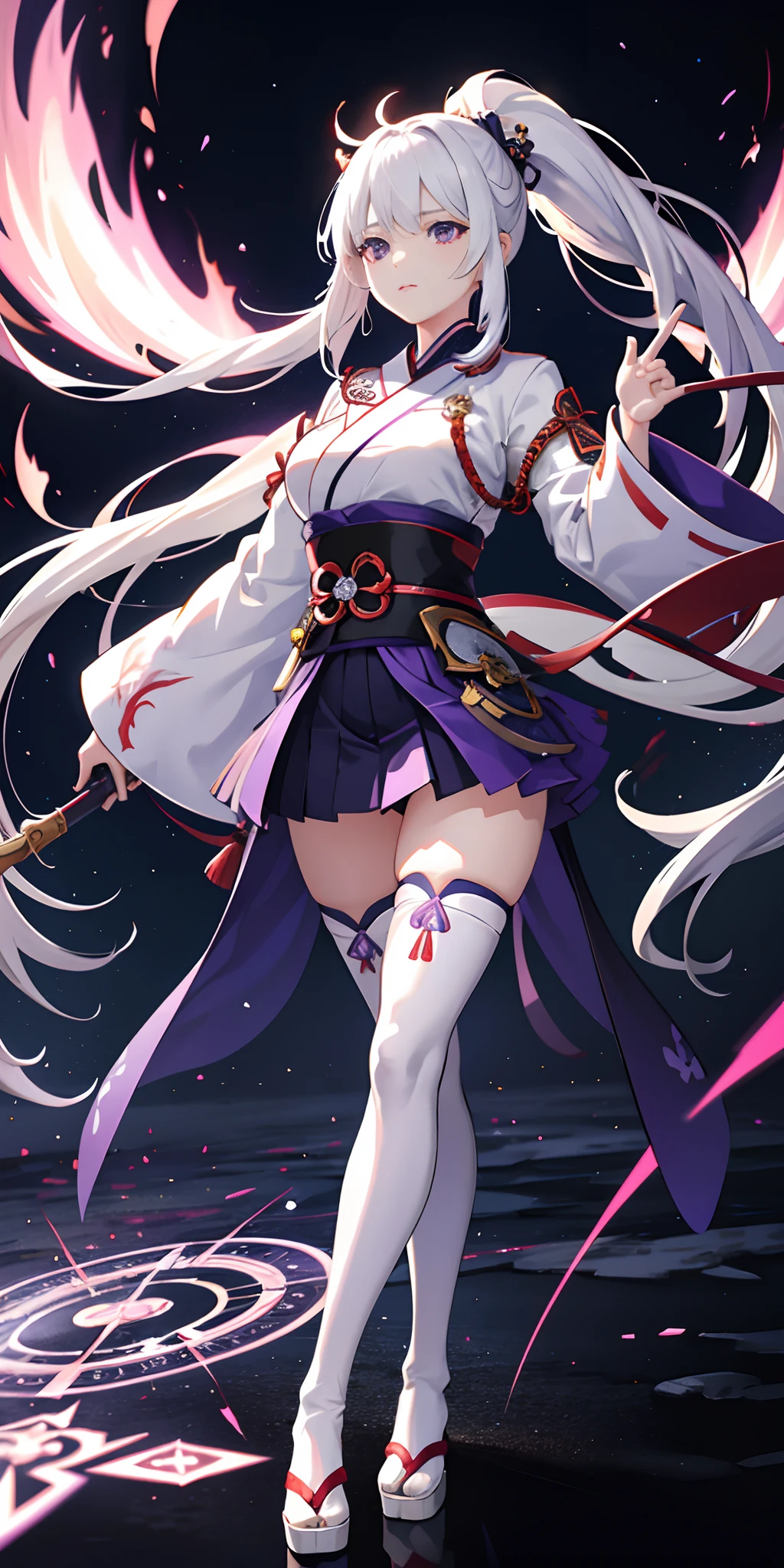 1girl, japanese clothes, ponytail ,white hair, purple eyes, magic circle, blue fire, blue flames, wallpaper, landscape, blood, blood splatter, depth of field, night, light particles, light rays, sidelighting, thighs, fate \(series\), genshin impact, ****, open jacket, skirt, thighhighs, cloud