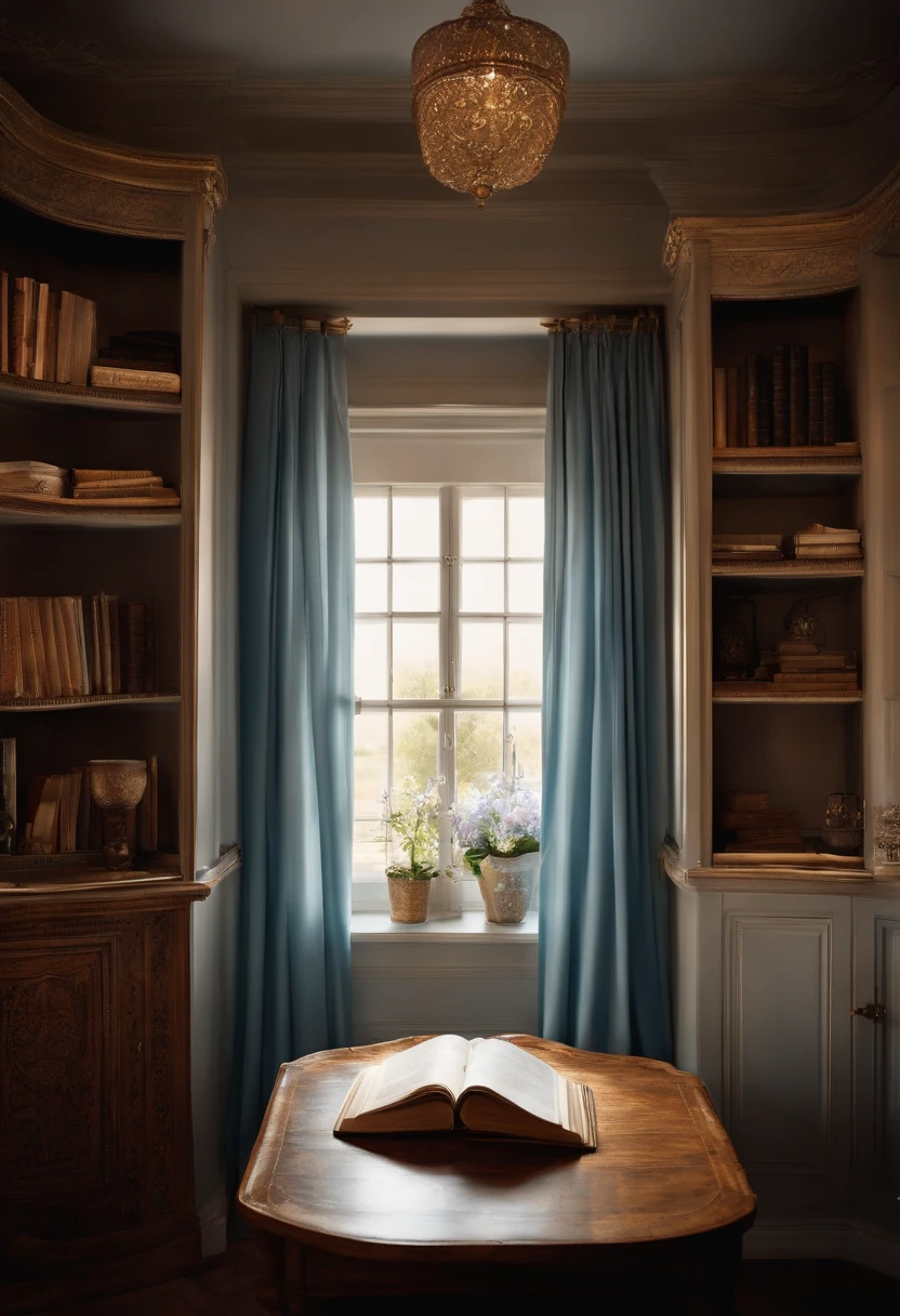 Uma imagem real de um ambiente aconchegante, com livros abertos , cup of tea or coffee under the bed that is illuminated by the light that enters through a window with sky blue silk curtains, This image conveys a sense of knowledge and self-discovery, com flores azuis e lilas perfumando o lugar, the walls are white with bookshelf.