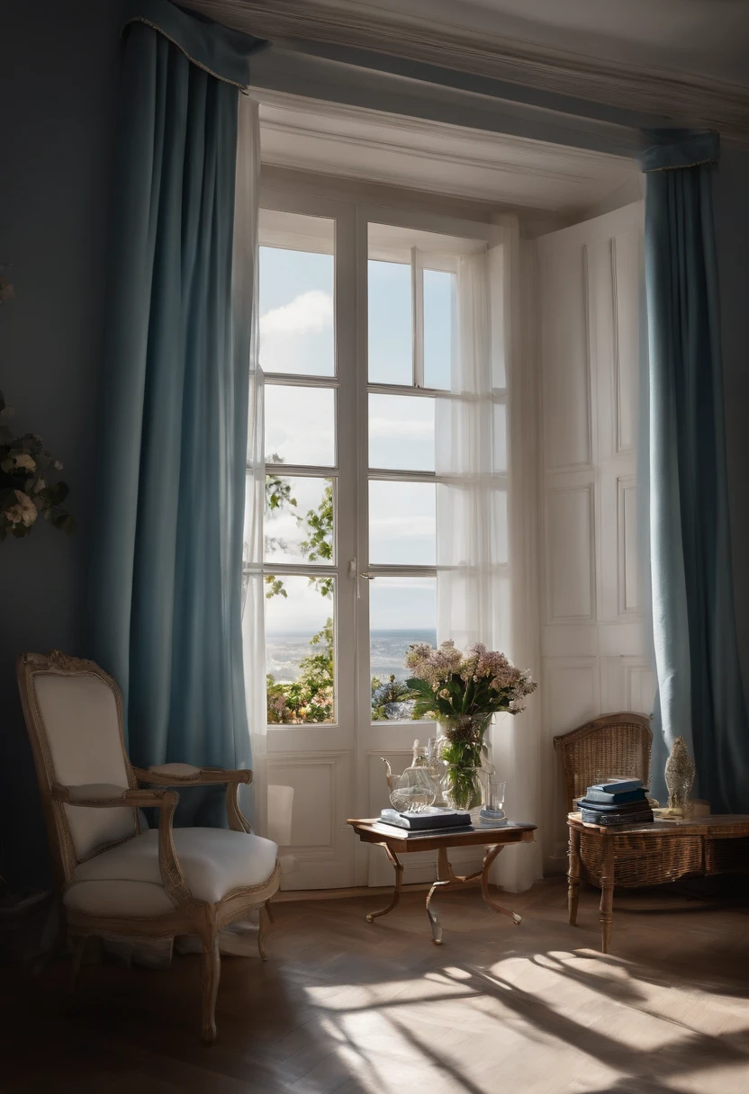 Uma imagem real de um ambiente aconchegante, com livros abertos , cup of tea or coffee under the bed that is illuminated by the light that enters through a window with sky blue silk curtains, This image conveys a sense of knowledge and self-discovery, com flores azuis e lilas perfumando o lugar, the walls are white with bookshelf.
