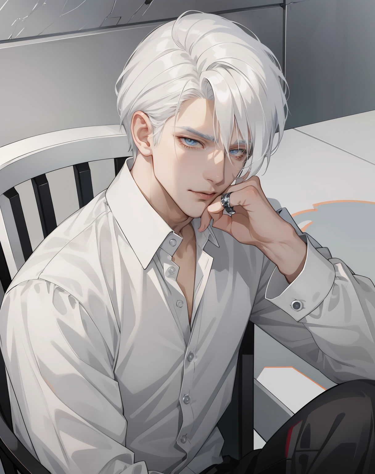 Anime guy with white hair sitting on chair, Bring your hands to your face, White half-unbuttoned shirt, white haired, maniacal gaze, handsome anime pose, a silver haired mad, Tall anime guy with amber eyes, hand on cheek, gray haired, finger rings
