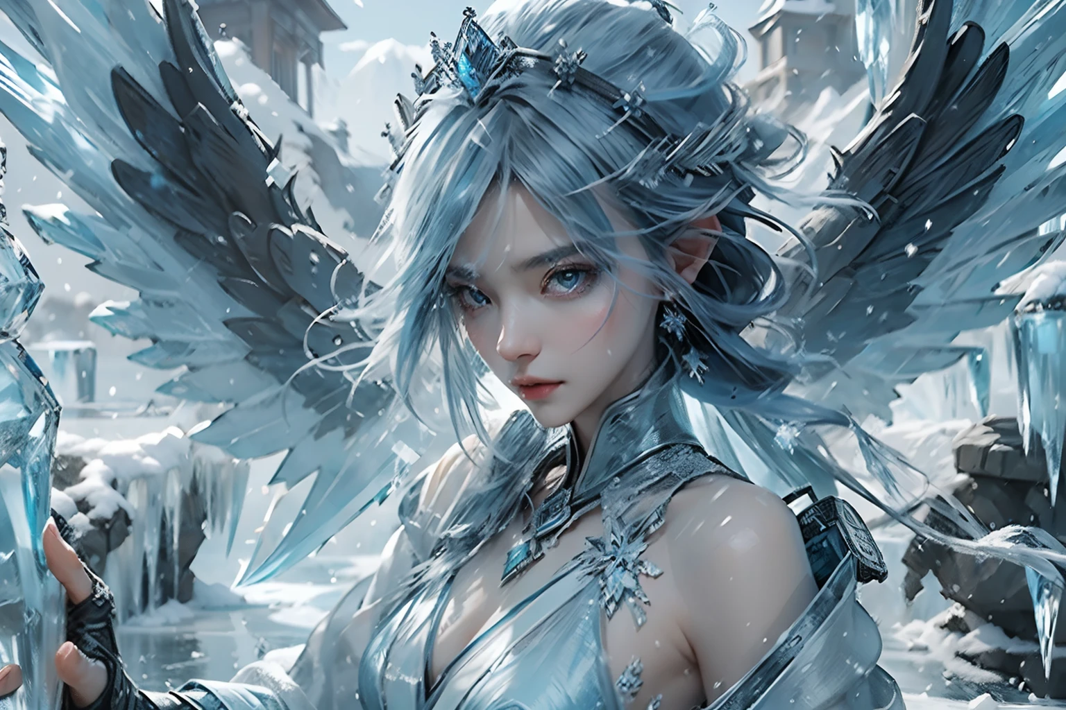 (((1girll))),Imperial water,A magician,(Loose dress:1.5),(Perfect facial features:1.4),(Blue silk robe),(Mysterious magic formations:1.2),Blue glow,(Frost wings),(((Powerful ice magic))),(((Icicles))),Towering over the landscape,Blue light cold light,(((Ice storms))),Wind,((Flying snow ice and snow)),Amazing results,,best qualityer,tmasterpiece,超高分辨率,finely detailled,Complicated details,8K分辨率,8KUCG wallpaper,hdr,water blue,Magic Array,Cinematic lighting effects,lightand shade contrast,Ray traching、NVIDIA RTX