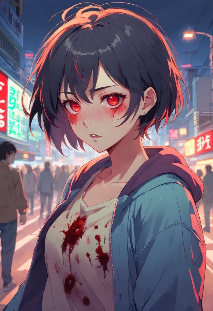 ((zombie girl)), black hair, red eyes, short hair, translucent skin, manga art.