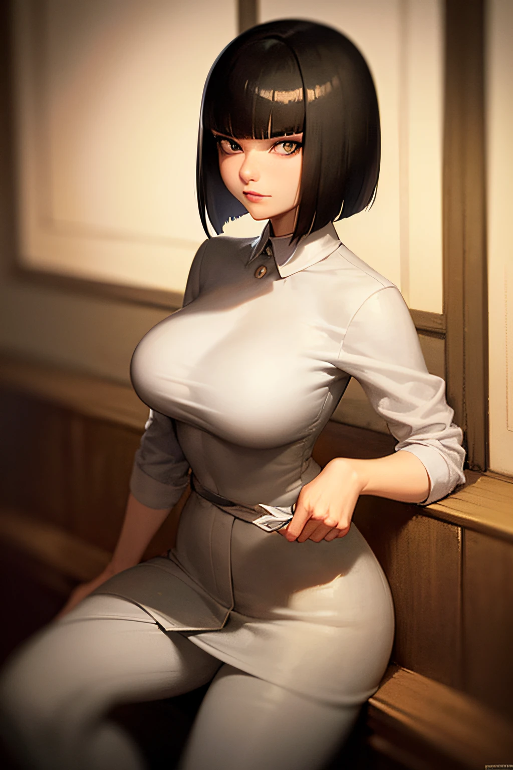 Character art of a woman, grey eyes, black bob cut hair, white shirt, lovely, 8k resolution art, accurate features, lovely, art of Michael Carson, Mead Schaeffer, James Abbott McNeill Whistler, Jeff Lemire, Jessie Willcox Smith, John Lavery, Joseph Lorusso, Kelly Mckernan