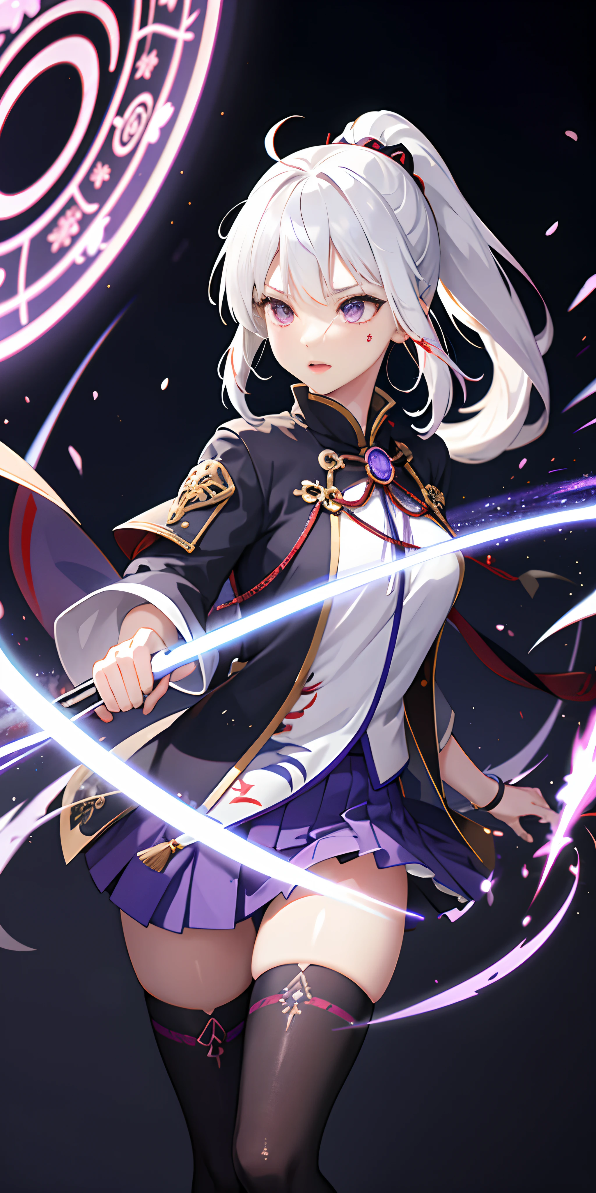 1girl, japanese clothes, ponytail ,white hair, purple eyes, magic circle, blue fire, blue flames, wallpaper, landscape, blood, blood splatter, depth of field, night, light particles, light rays, sidelighting, thighs, fate \(series\), genshin impact, ****, open jacket, skirt, thighhighs, cloud