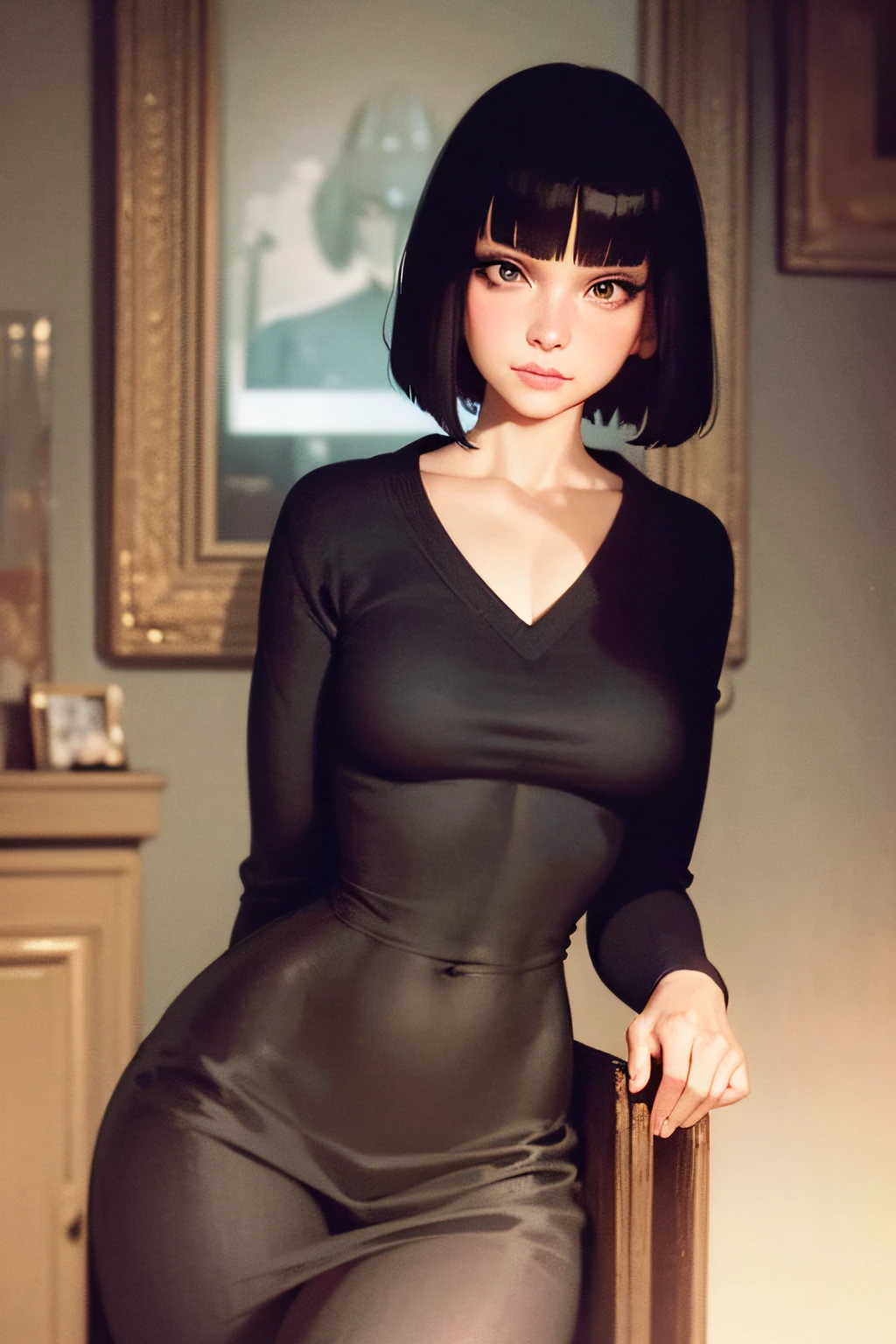 Character art of a woman, grey eyes, black bob cut hair, lovely, 8k resolution art, accurate features, lovely, art of Michael Carson, Mead Schaeffer, James Abbott McNeill Whistler, Jeff Lemire, Jessie Willcox Smith, John Lavery, Joseph Lorusso, Kelly Mckernan