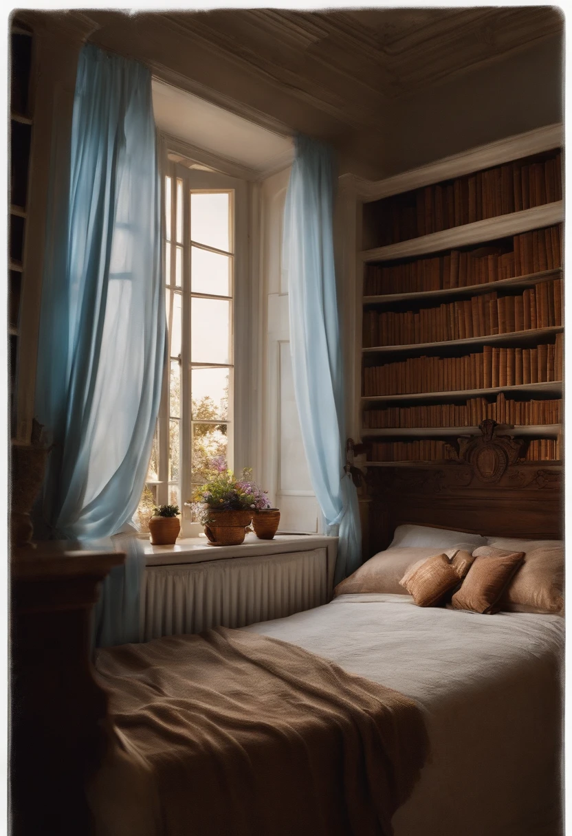 Uma imagem real de um ambiente aconchegante, com livros abertos , cup of tea or coffee under the bed that is illuminated by the light that enters through a window with sky blue silk curtains, This image conveys a sense of knowledge and self-discovery, com flores azuis e lilas perfumando o lugar, The walls are white with fours representing the feminine.