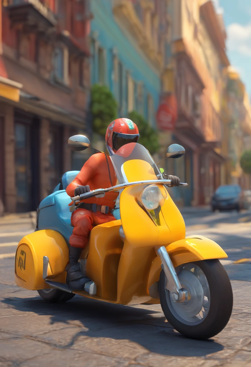 mototaxi entregando capacete para a cliente, cartoon realista em perpectiva estilo pixar