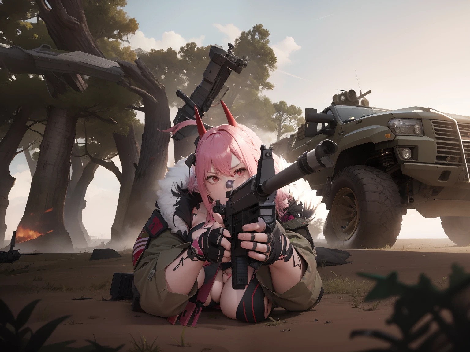 there is a woman with pink hair, red horns, bikini top, jacket a gun in a field with a truck, combat pose, with rifle, second life girl, infantry girl, bikini + tattered military gear, shooting pose, holding a weapon, badass pose, ingame shot, <mmorpgs scene, half body shot, tranding on pxiv, explosions, forest, plane in the background, soldiers shooting, battlefield