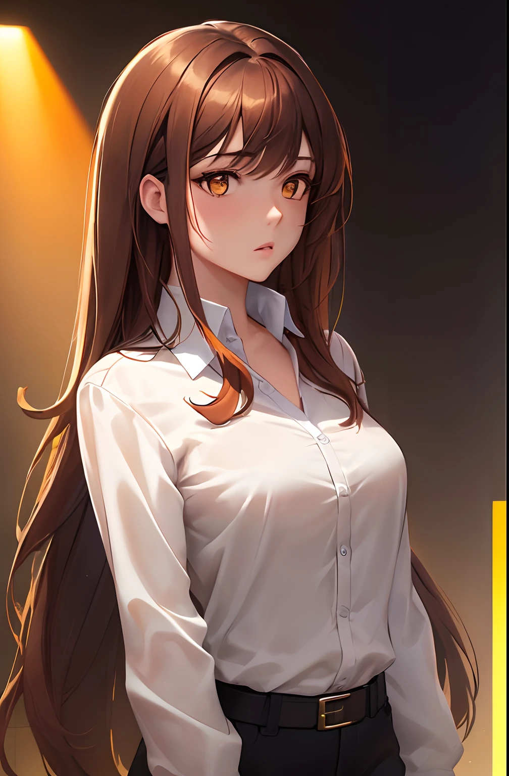 kk, best quality, more details, masterpiece, 1 girl, female focus, solo, collared shirt, brown background, orange eyes, long hair, brown hair, looking at viewer, luxurious, 8k, detailed, ray tracing, depth of field, cinematic lighting, Simple yellow lines, simplified.