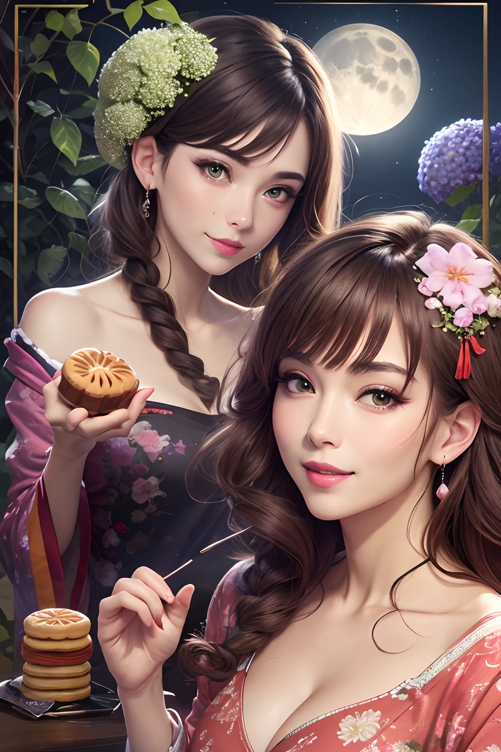 Masterpiece, Best quality, Night, full moon, Mid-Autumn Festival,1 mature woman eating mooncakes, Chinese style, Ancient China, Imperial sister, Smile, Dark brown hair, Dark hair, Princess cut, Fried dough twisted braid, Coiled hair, Double ball head, Light pink lips, calm, Intellectual, mid hair, Green eyes, Hairpin, hydrangea, Fine face, facial closeups, Close-up of the hand, Clothes in red
