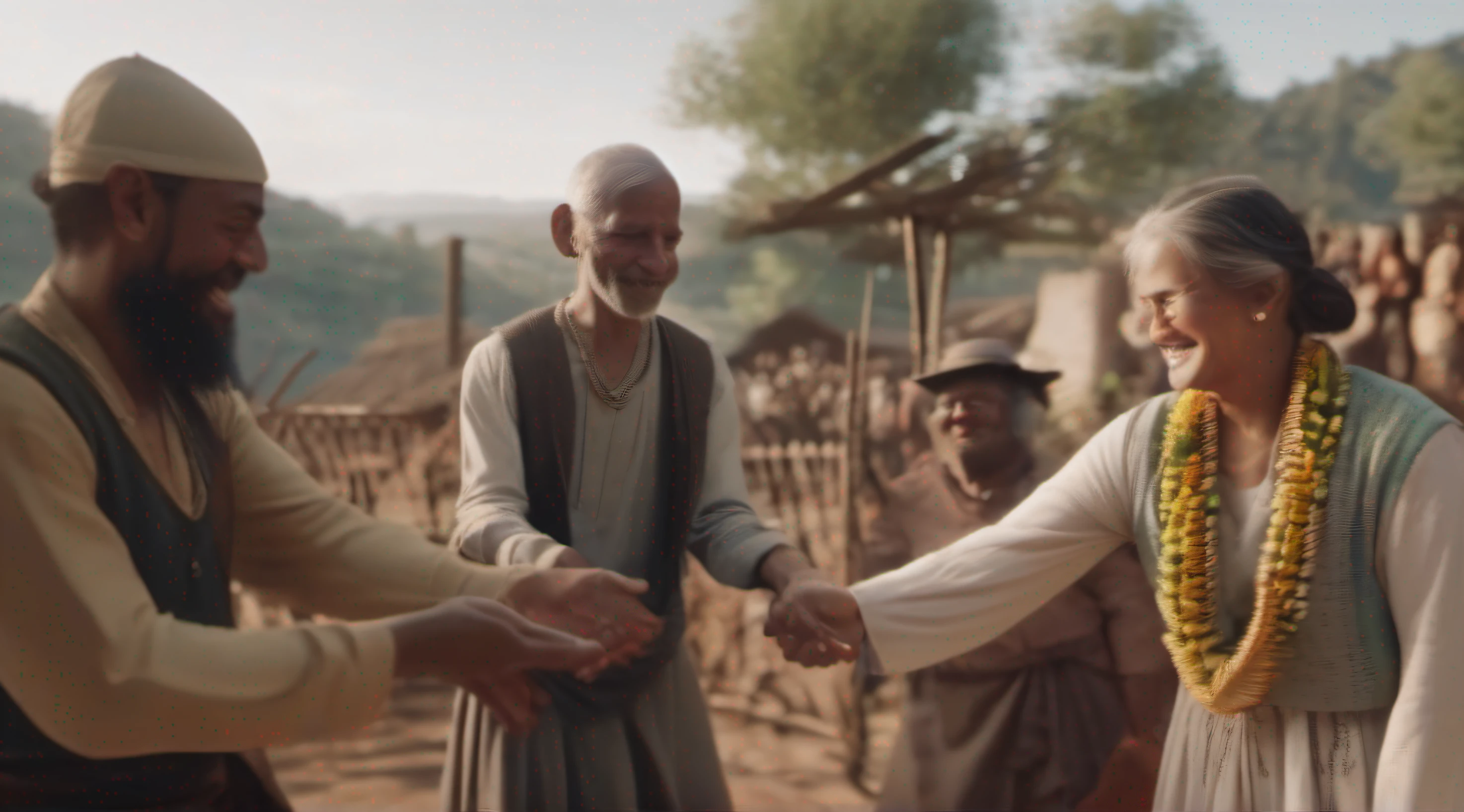 Create an image that represents an outsider reaching out to villagers, showing love and support. It should be a visual representation of the generosity and compassion he shared with the community. 8k cinematic, realistic.