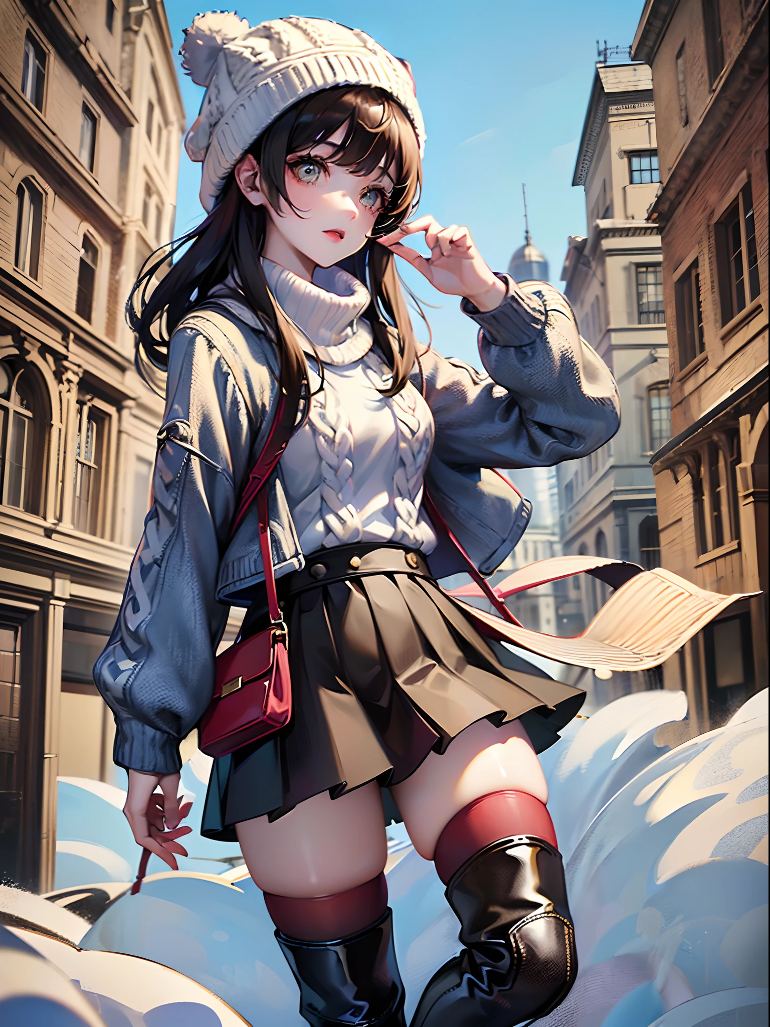(Finest quality)),(超A high resolution),(ultra-detailliert),(Meticulous portrayal),((best pictures)),(Finest works of art),Ultra-Precision Art,The art of astounding depiction, (1人の女性:1.3),muffler,knit hat,knitted sweater,Short skirt,long boots, snowscape:1.6