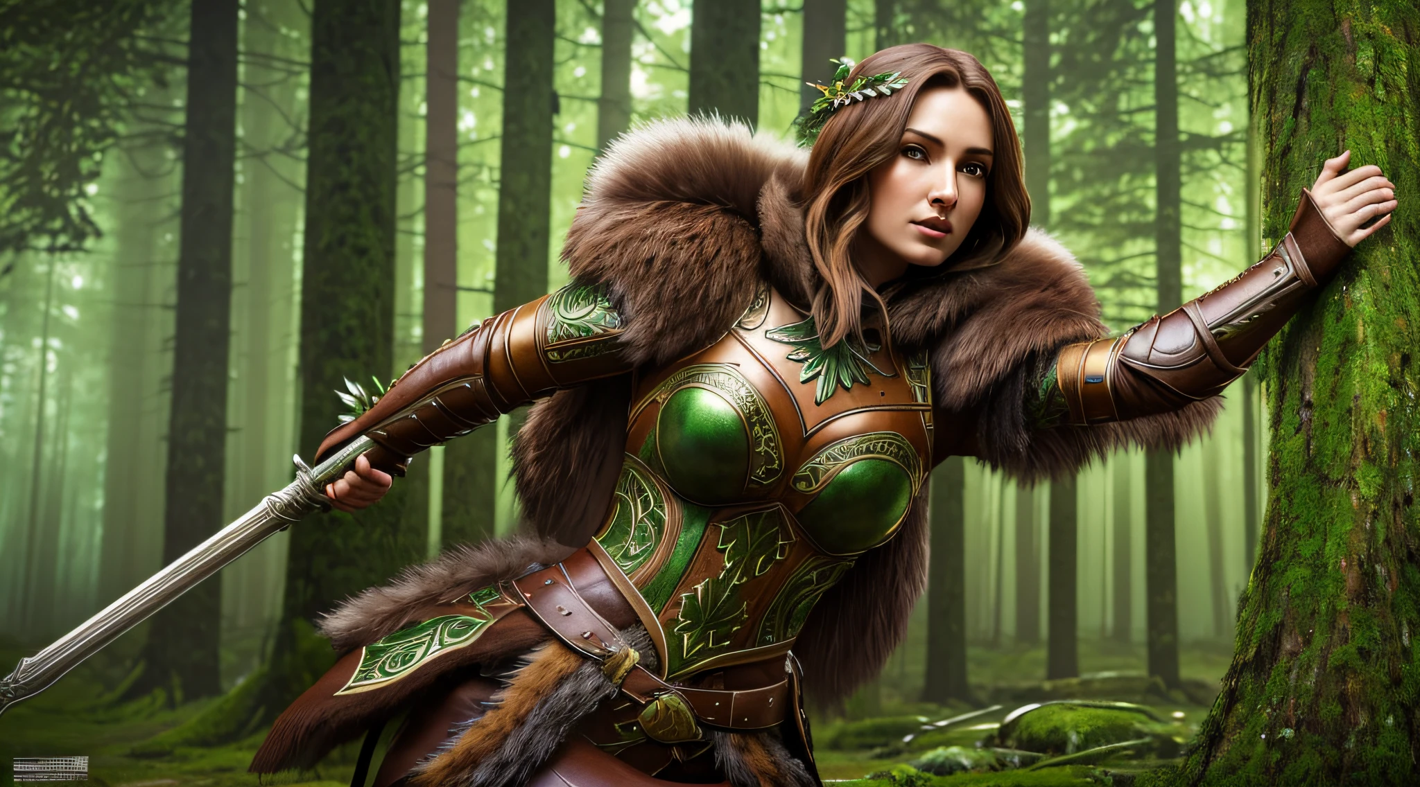 complex 3d render ultra detailed of a one beautiful female druid in brown and green leather armor covered in bear fur, the beautiful female druid has long copper brown hair, beautiful natural soft rim light, colorful details, Green and Brown leather armor outfit, full suit of brown and green leather armor covered with bear furs, art nouveau fashion embroidered, intricate leaf pattern on armor, the female druid in brown and green leather armor is holding wooden spear, wood spear has a silver metal tip, the slender druid woman in leather armor covered in bear furs, beautiful female face looking intense, hyper realistic,
Background is a forest, big leaves, stems, and roots, hyper realistic, ultra detailed, octane render, volumetric lighting, 8k post-production, brown and green with a bit of red, iridescent colors, Glenn Brown style, green forest, power of the god, high-angle full body shot, complex body poses, best quality, hi-res, masterpiece, ultra-detailed, photorealistic, vibrant skin tone, graceful curves, bold composition, elegant aesthetic.