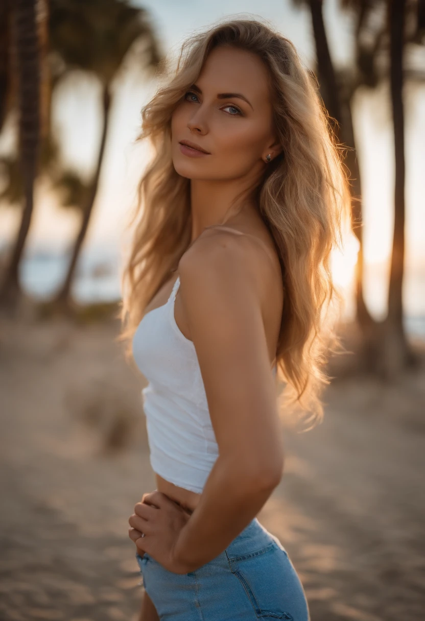 Portrait photo of a 24-year-old blonde in RAW UHD format (Blue-eyed woman) walking on the beach, Palm trees, (Upskirt), (ascot), Details (textures! , cabelo! , shine, Color!! , imperfections: 1.1), Bright eyes with high detail (looking at the camera), DSLR Lighting, SLR camera, topquality, sharpness, Depth of field, Film grain (Downtown), Fujifilm XT3, crystal, beatiful face, sharp-focus, neon lighting, bokeh (low lighting), the night, (night sky), detailed skin pores, oilly skin, burn, Complex eye details, body complet, ((You can see bare breasts )), Clear panties ((Visible vagin)), dressless, raw photo, as realistic as possible