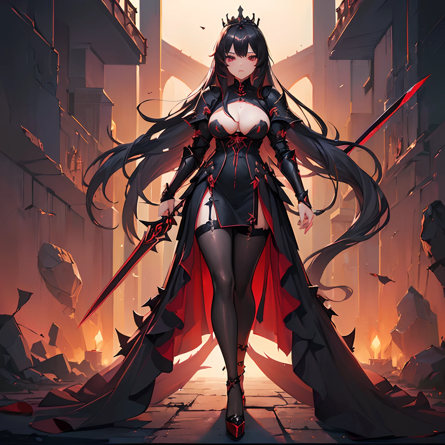 ((female swordsman mage)) ((beautiful woman alone)) ((black long hair)) ((armor dress with cleavage)) ((alone swordman)) ((big boobs)) ((lingerie with pantyhose and high heels)) ((red pupil eyes)) ((full body)) ((princess of roses)) ((thorns crown))