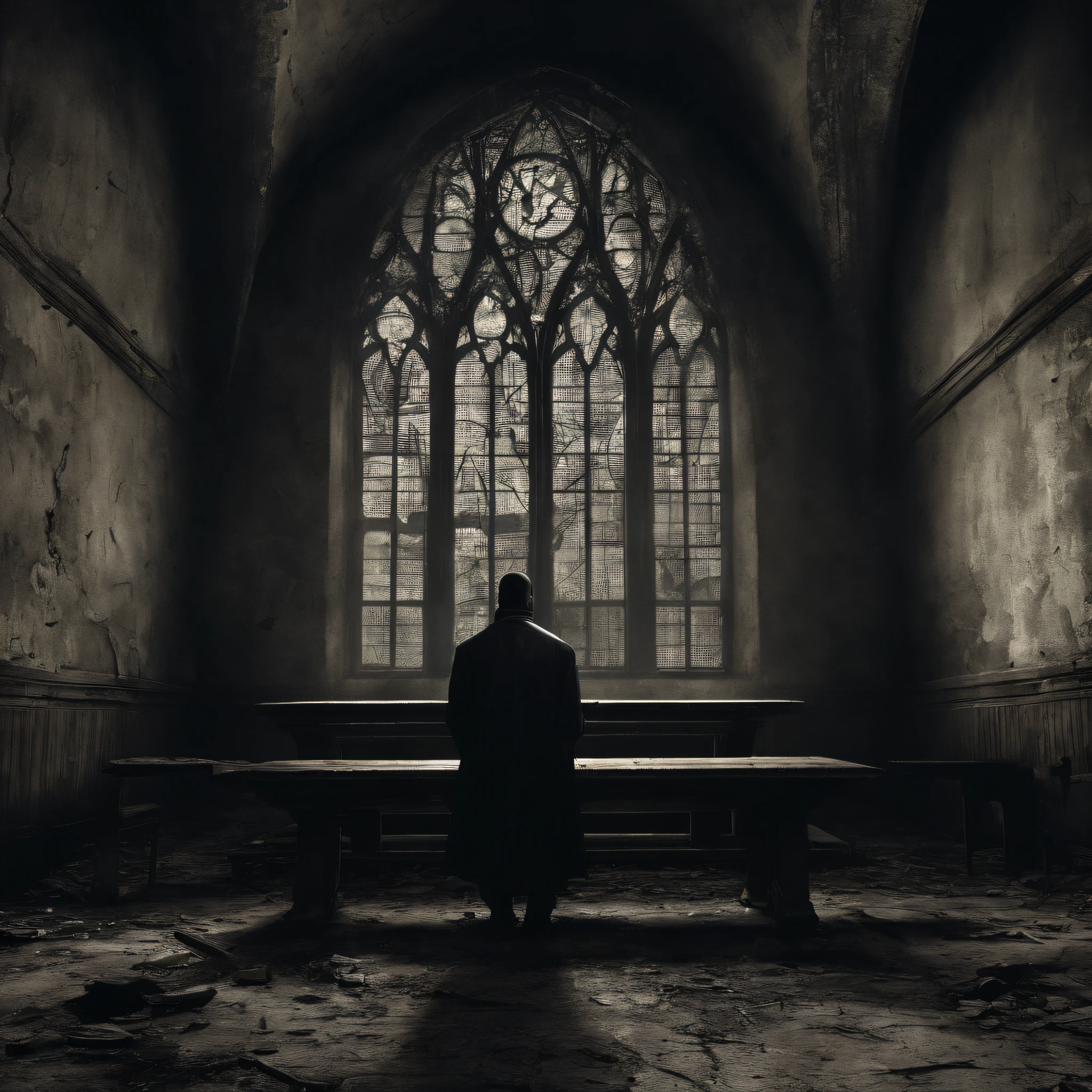 (best quality,Realistic:1.37),Escuro, Dirty-looking young man sitting in an old abandoned church, detailed face expression,atmosfera empoeirada,ambiente assustador,Solemn and sinister illumination,vitrais,crumbling walls,trepadeiras e musgo crescidos,decaying wooden benches,artefatos religiosos negligenciados,velas levemente acesas,Haunting silence,A sense of desolation and mystery,Haunted spiritual presence,gothic architecture,Shadows Dramatic,remnants of religious iconography