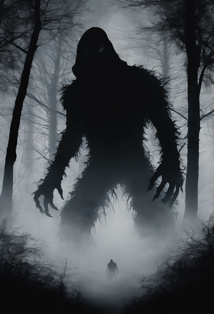 A terrifying silhouette lurking in a misty forest , shrouded by darkness and eerie mist