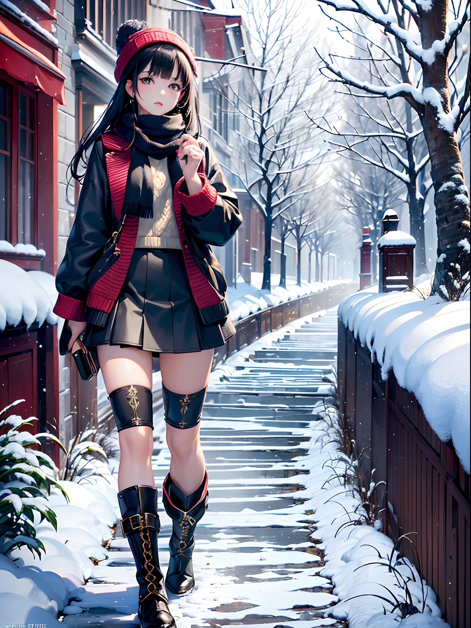 (Finest quality)),(超A high resolution),(ultra-detailliert),(Meticulous portrayal),((best pictures)),(Finest works of art),Ultra-Precision Art,The art of astounding depiction, (1人の女性:1.3),muffler,knit hat,knitted sweater,Short skirt,long boots, snowscape:1.6