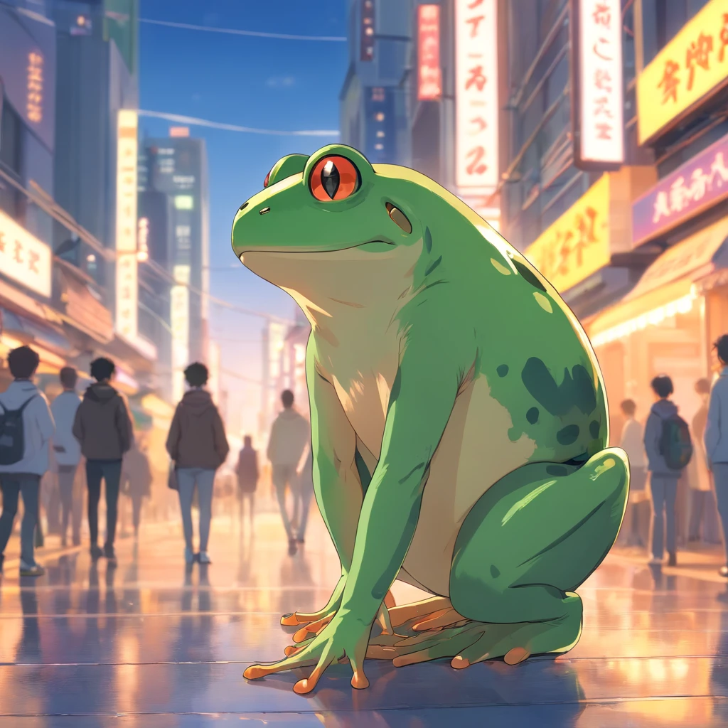 ((Fotogr RAW)), ((tmasterpiece)), Anthropomorphic humanoid frog in streetwear, Walk wildly through the crowd,Traga fones de ouvido,Trends intricate details, Trabalho intrincado de Gribors, Behind the city, corpo musculoso em forma, muscular arms, small head, Ogros assustadores, Titan soft lighting, Ultra foto realsisim, soft-lighting