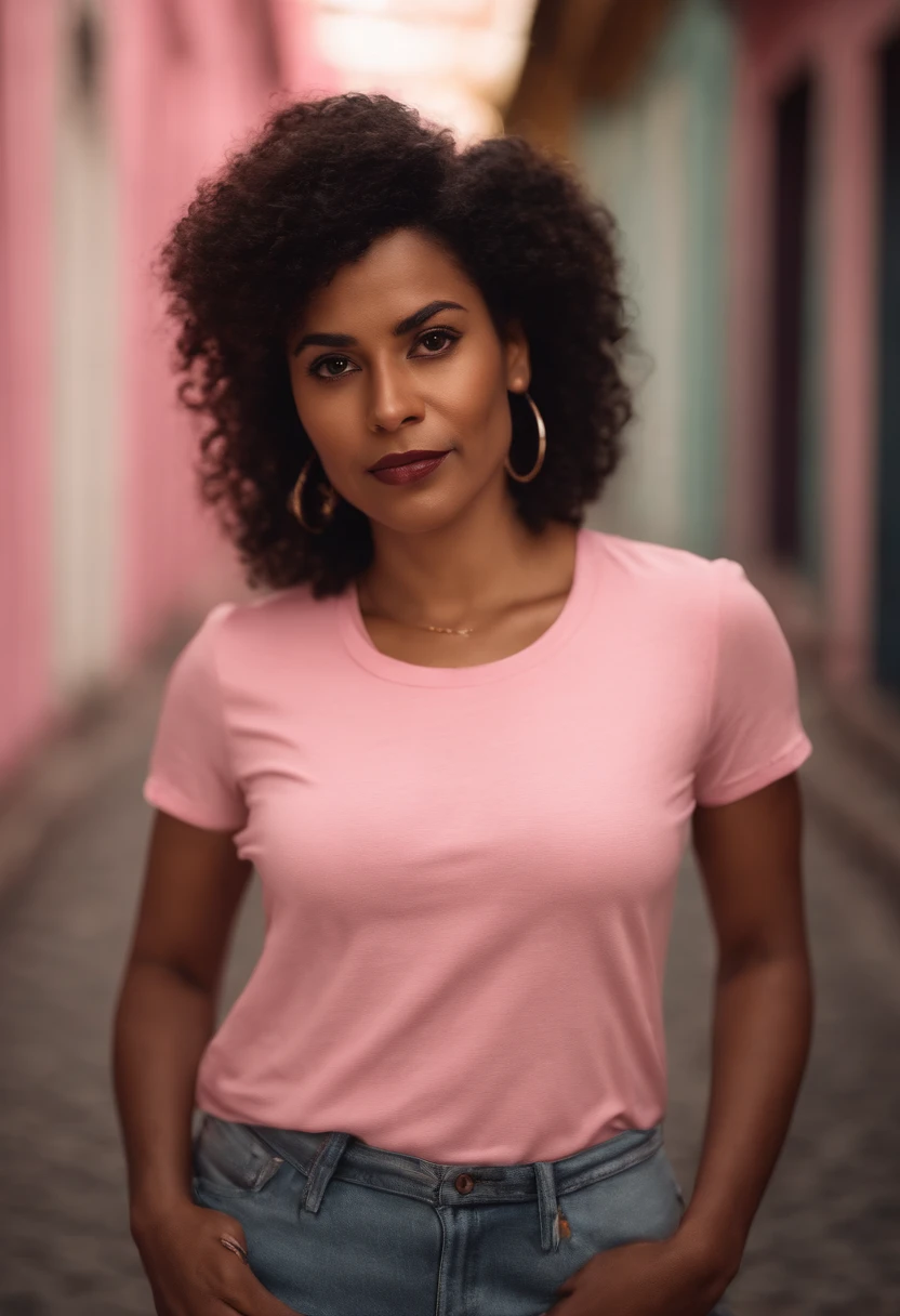 mulher negra 30 anos, brasileira, pobre, foto com fundo rosa, camiseta rosa