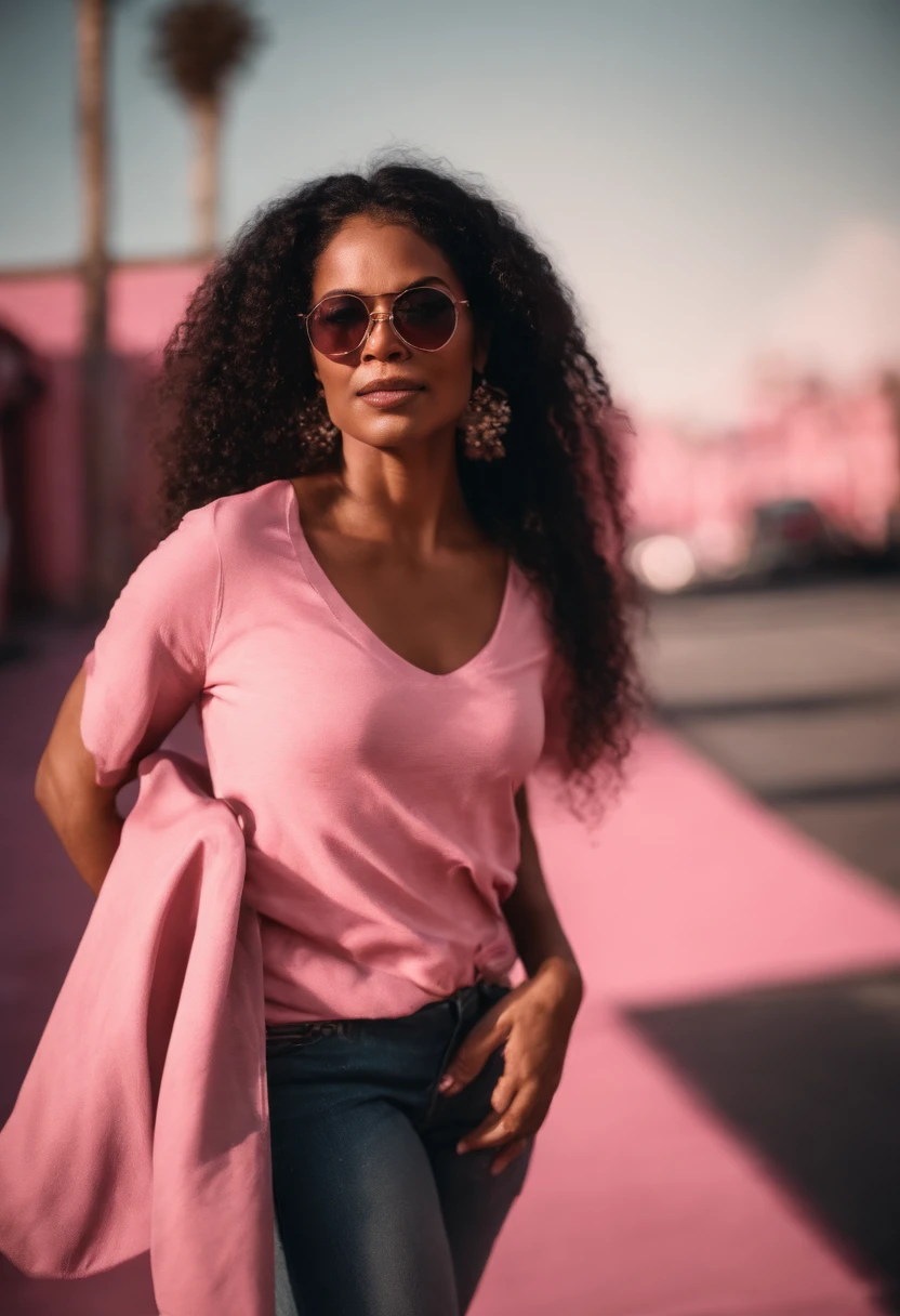 mulher negra 30 anos, brasileira, pobre, foto com fundo rosa, camiseta rosa