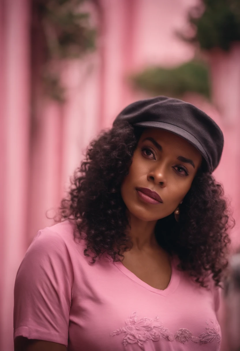 mulher negra 30 anos, brasileira, pobre, foto com fundo rosa, camiseta rosa