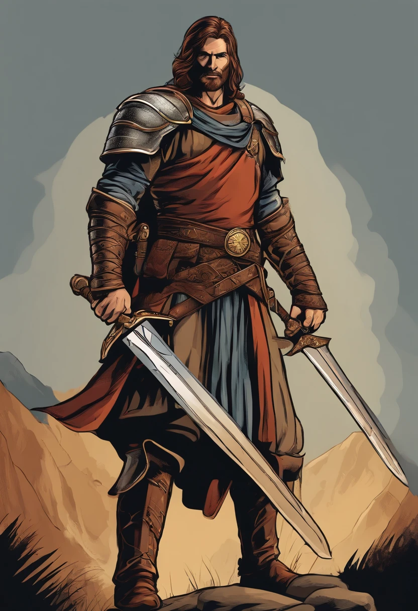 strong medieval warrior, full body, holding a big sword in his hand, comic book style, vector, bible inspired, clear background, charismatic,