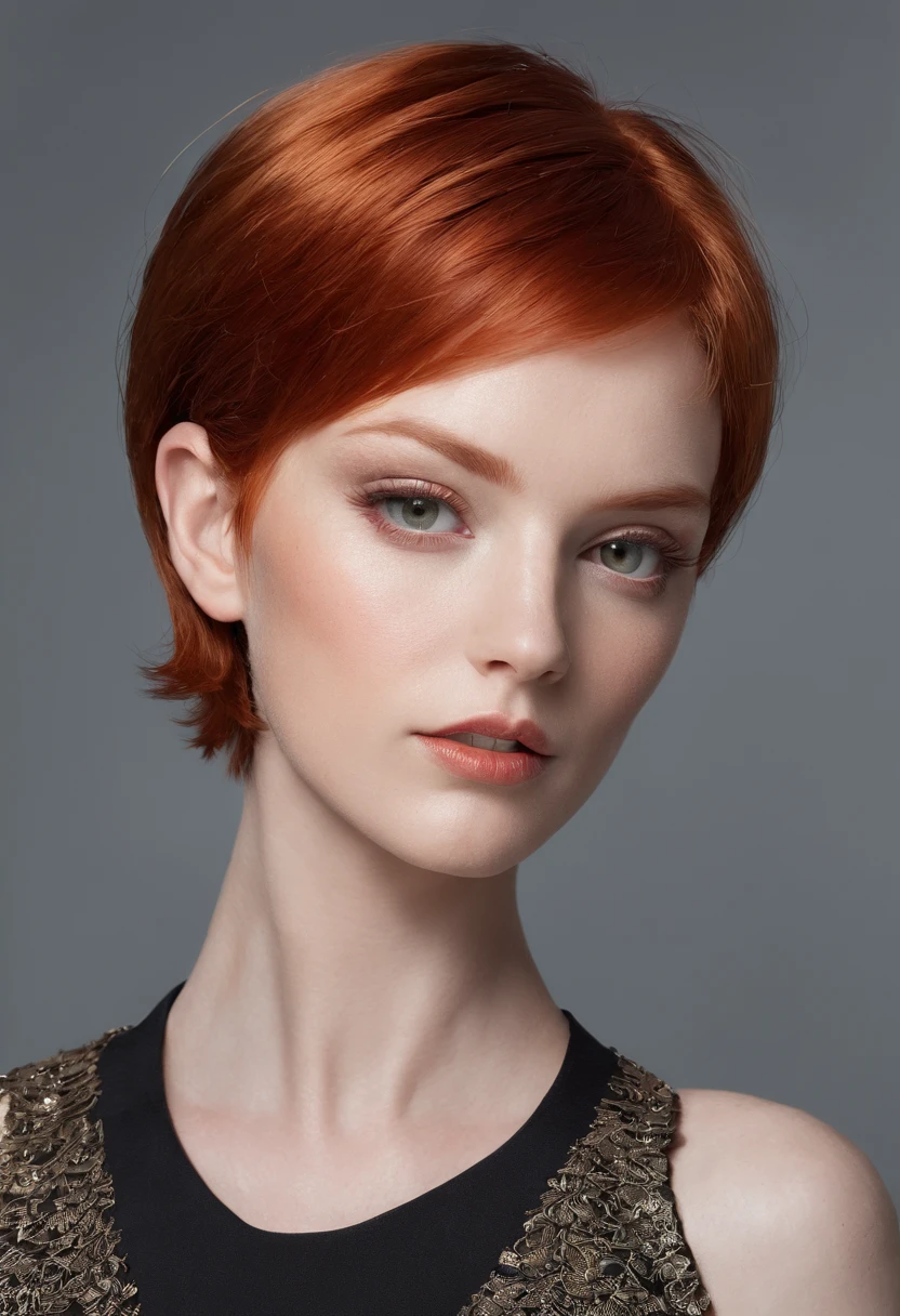 Generate a hyper-realistic image of a short-haired redheaded woman