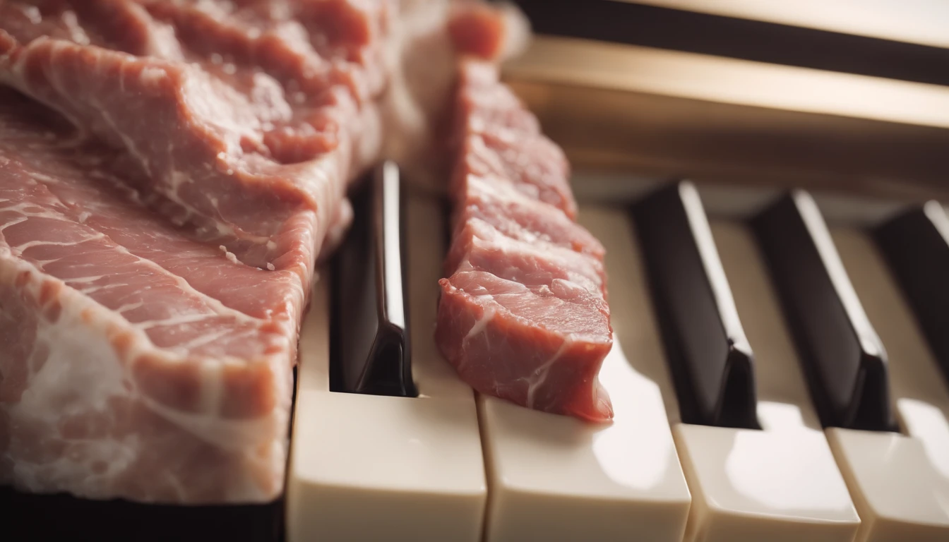 Generate an image that depicts the fusion of a piano's keyboard and fleshy tissue in the style of Scorn videogame. Blend the form and structure of a keyboard with the texture and appearance of meat in a striking and surreal manner. Pay attention to details, such as the transition between surfaces and how the meat integrates with the keys and the piano's structure. Capture both the essence of the musical instrument and the organic quality of the meat in this unusual and evocative composition.