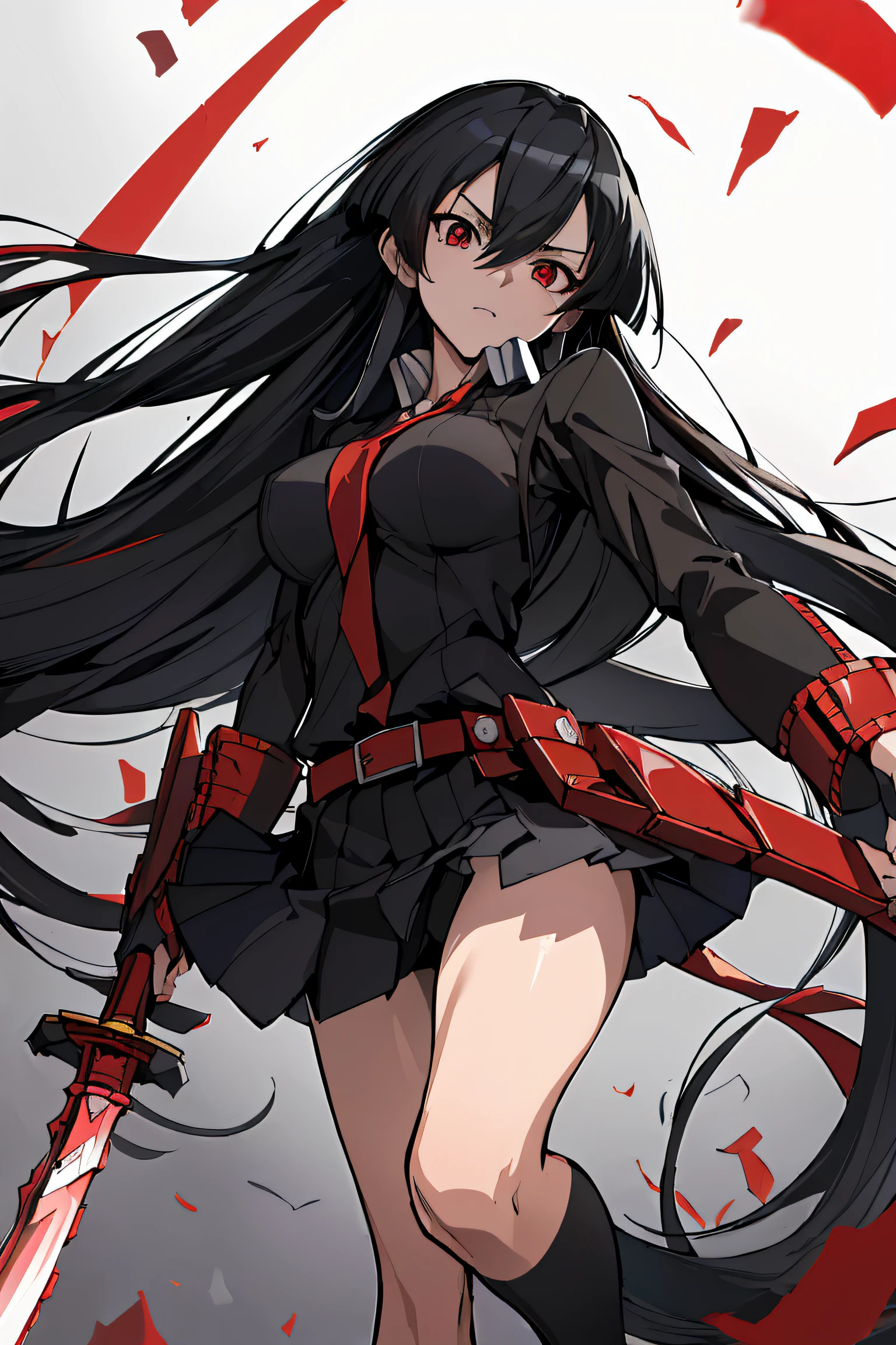 (absurdres, 8k, 4k, masterpiece, hyper extreme detailed:1.2), ((masterpiece,best quality)), absurdres, anime, character, woman, girls, akame ga kill, akamegakill
akame, long hair, black skirt, black clothes, pleated skirt, belt, red eyes
sword, katana, sheath