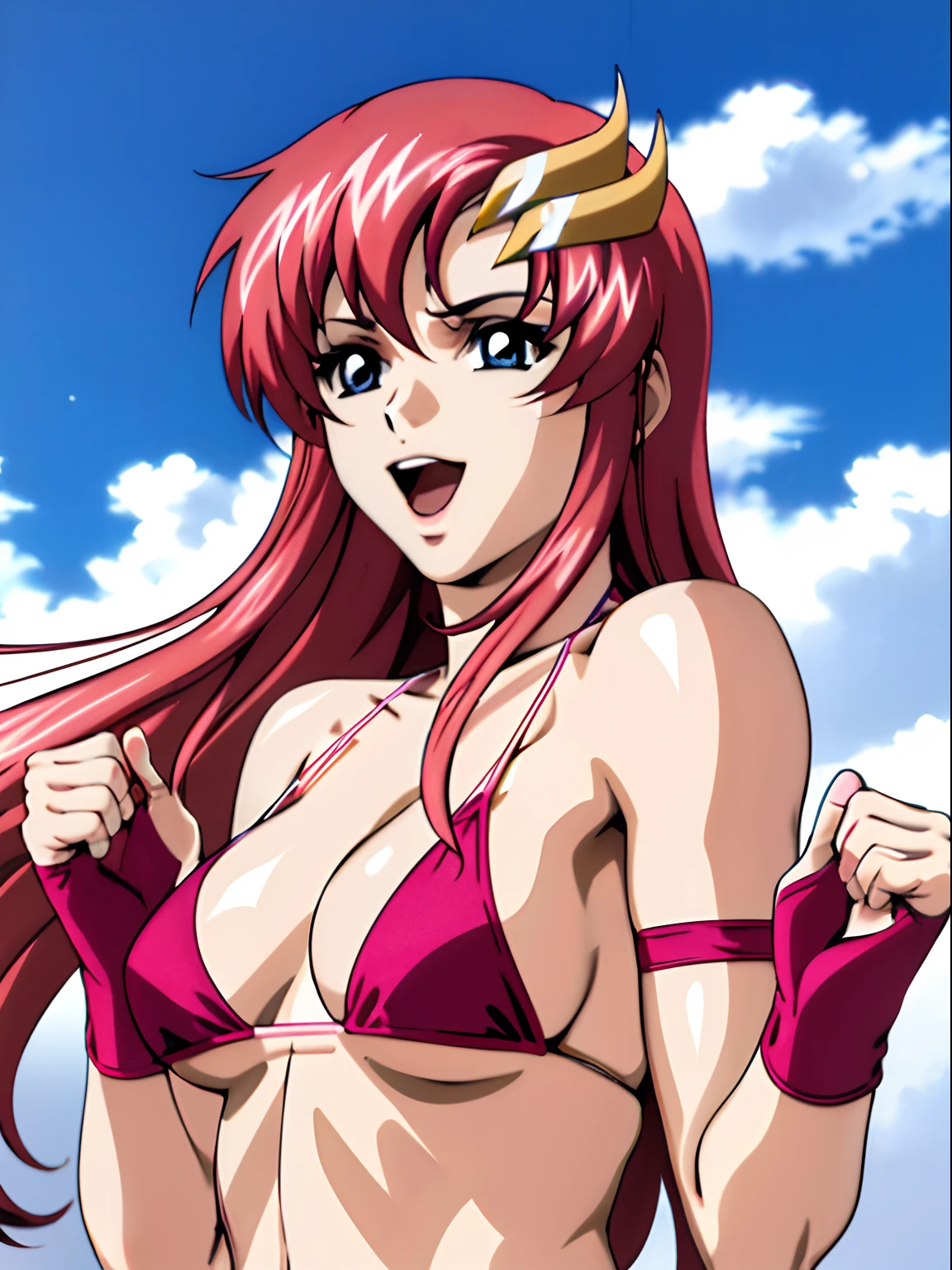 (masterpiece, upper body view, 4K, Best Quality, Anime style: 1.9,, Adult Woman, ultra detailed face, (cloud background, wrestling), Drawing lines, high resolution, Anime, lacus4), 1girl, Solo, curvy figure, Long hair, 鎖骨, scapular, (Detailed wide hair bangs, Hair Ornament, Detailed reddish-pink hair, golden crest), cleavage, large hands, (female wrestler). (Big blue eyes, shiny eyes), ((female wrestler, little biceps, slender body, broad shoulders, closed fists)), ((perfect proportions, medium breasts, long belly)), (((micro bikini, pink wrestling gear, champion))), happy, smile, open mouth, (holding mic, looking at the viewer), singing, showing off underarm, (elegant lady)