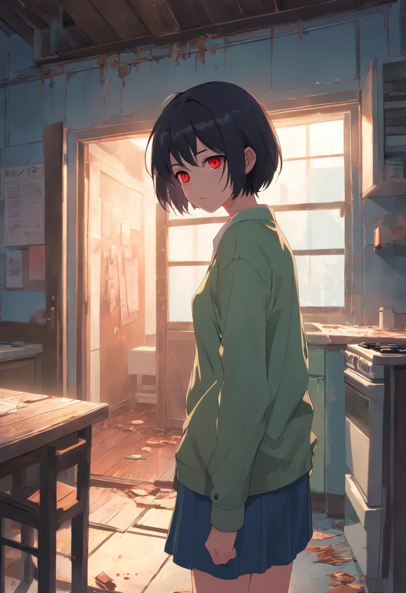 (zombie girl ((zombie)), black hair, red eyes, short hair, translucent skin ((pale), abandoned house ((setting)), ((manga art)), (horror art)).