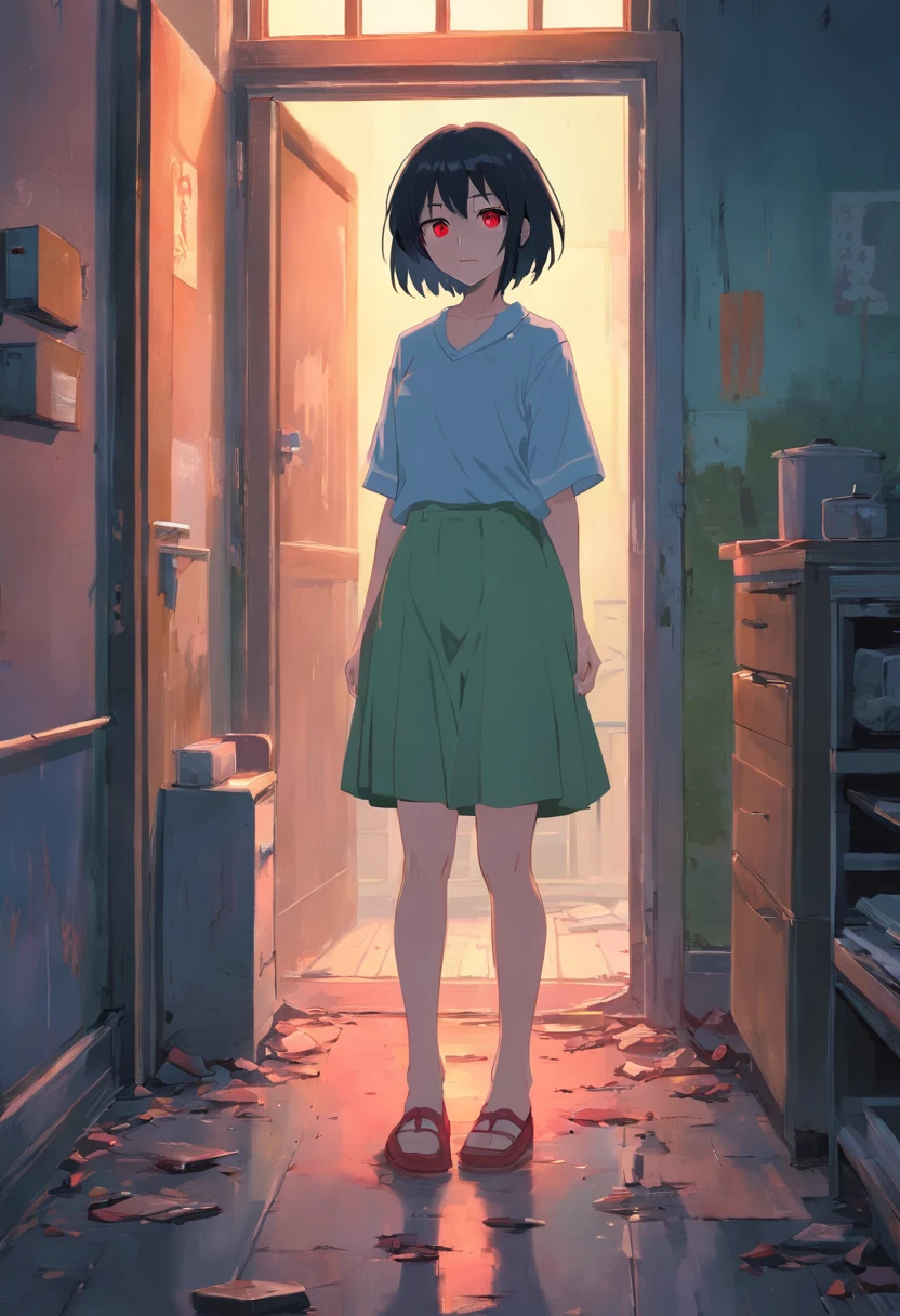 (zombie girl ((zombie)), black hair, red eyes, short hair, translucent skin ((pale), abandoned house ((setting)), ((manga art)), (horror art)).