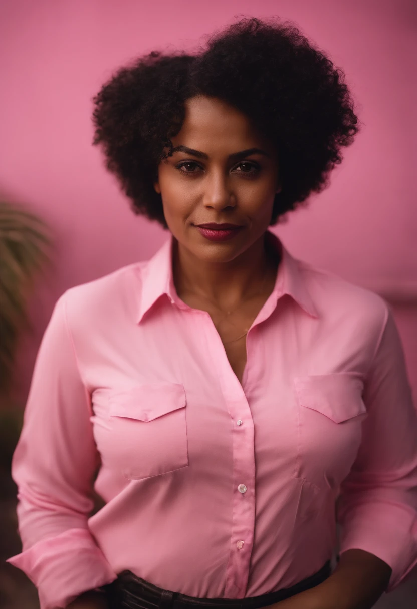 mulher negra 30 anos acima do peso usando camisa rosa, brasileira, pobre, foto com fundo rosa, camiseta rosa