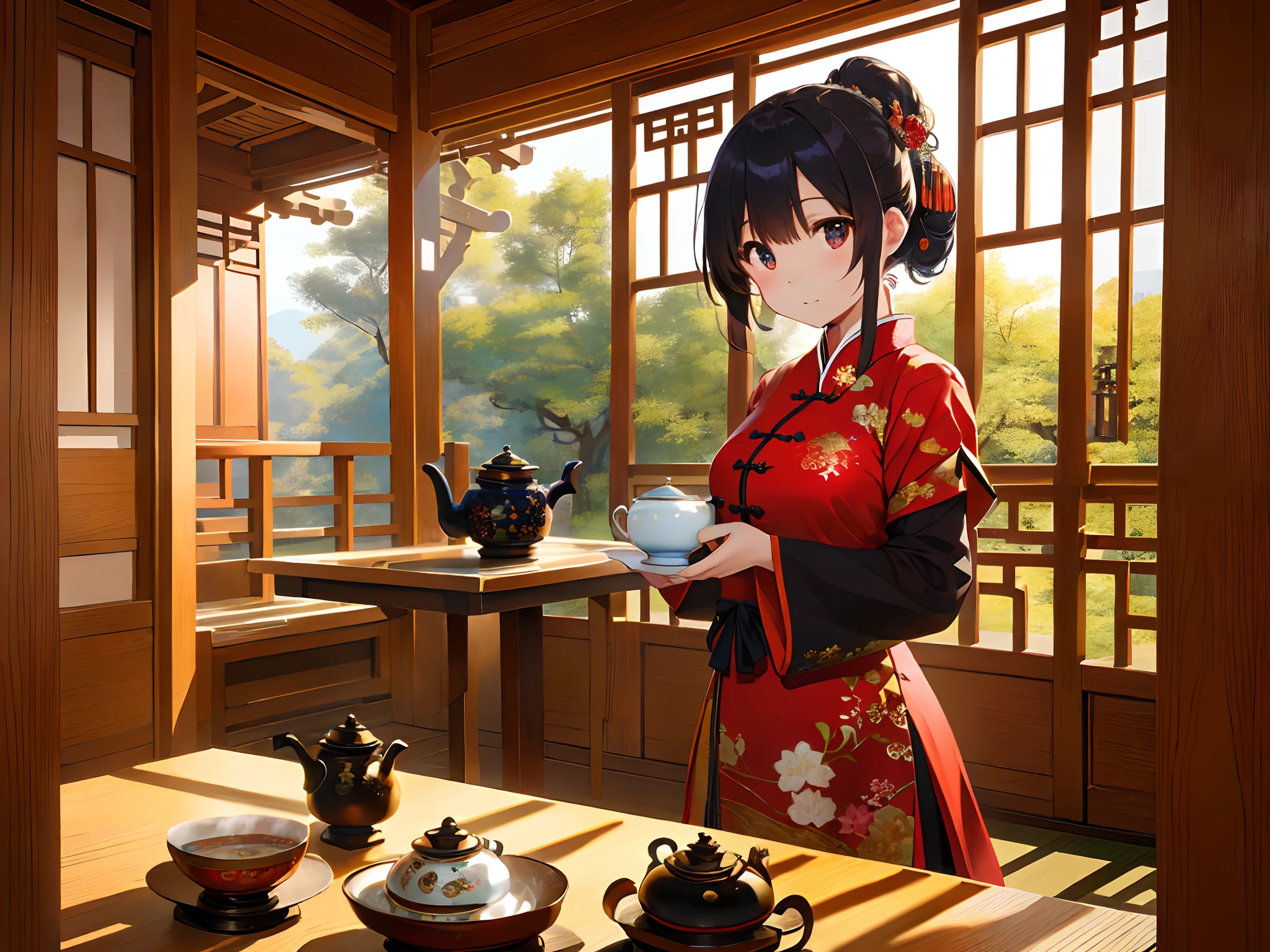 Photo, masutepiece, 8K, awardwinning, girl, Solo, Chinese dress, drinking a cup of tea, In the tea house, Chinese style decoration, Portrait Style, bowl, Chinese tea, There is a teapot with a lid on a wooden table, cloisonnism, cloisonnism, lacquerware, taken with sony a7r camera, teapot, Finely painted, Japan pottery, Chinese, Wen Boren, Complex masterpieces, gujian, Beautifully painted, sichuan