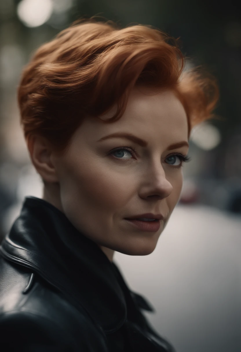 Generate a hyper-realistic image of a short-haired redheaded woman