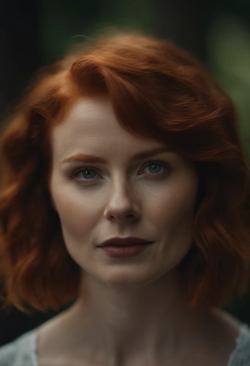 Generate a hyper-realistic image of a short-haired redheaded woman