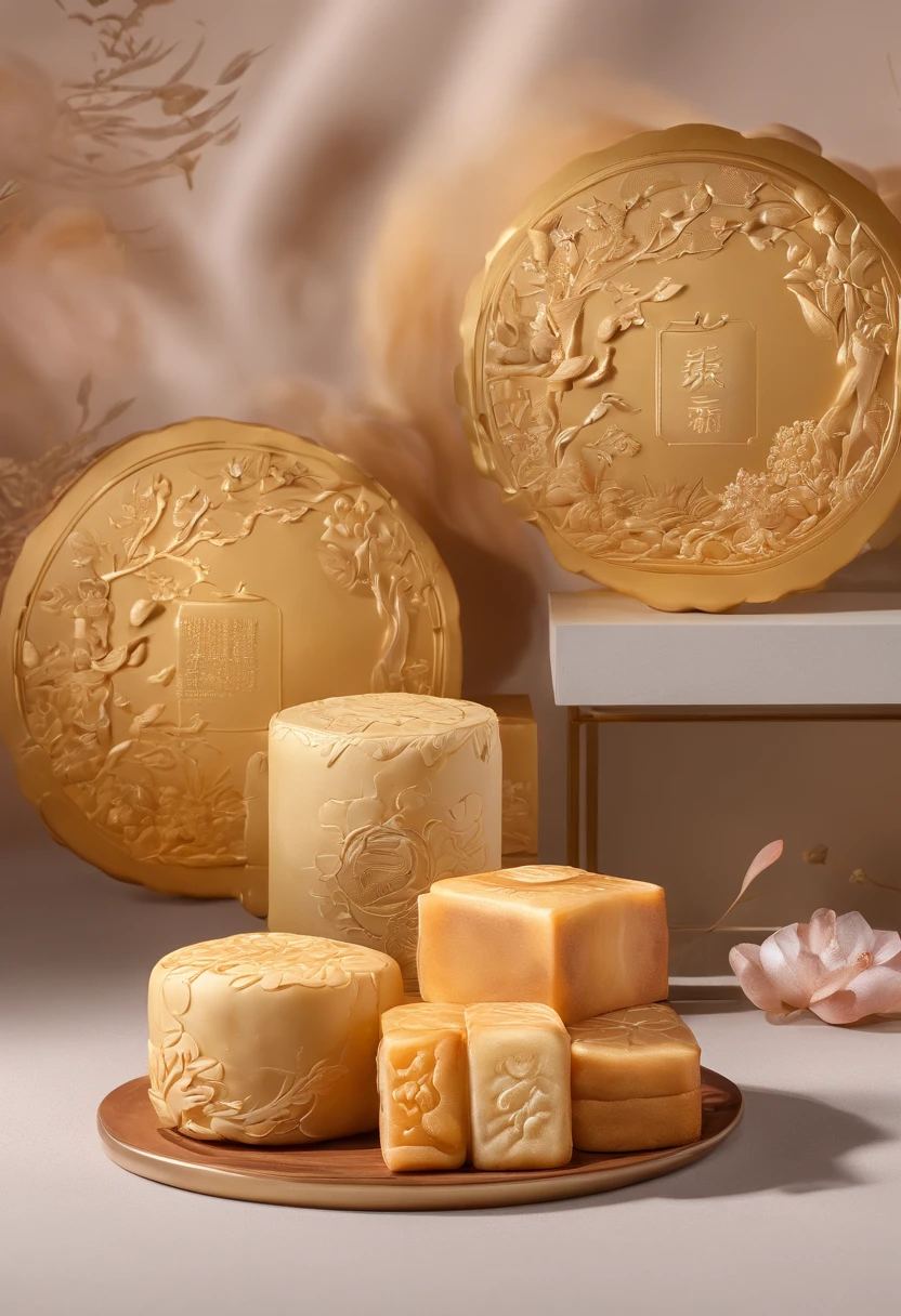 themoon,(Nut mooncakes、Egg yolk mooncakes、Ham mooncakes、South wind mooncakes),edgBunny,A strong Mid-Autumn Festival festive atmosphere,extremely detailed face and skin,Heartwarming scene,perfect detail