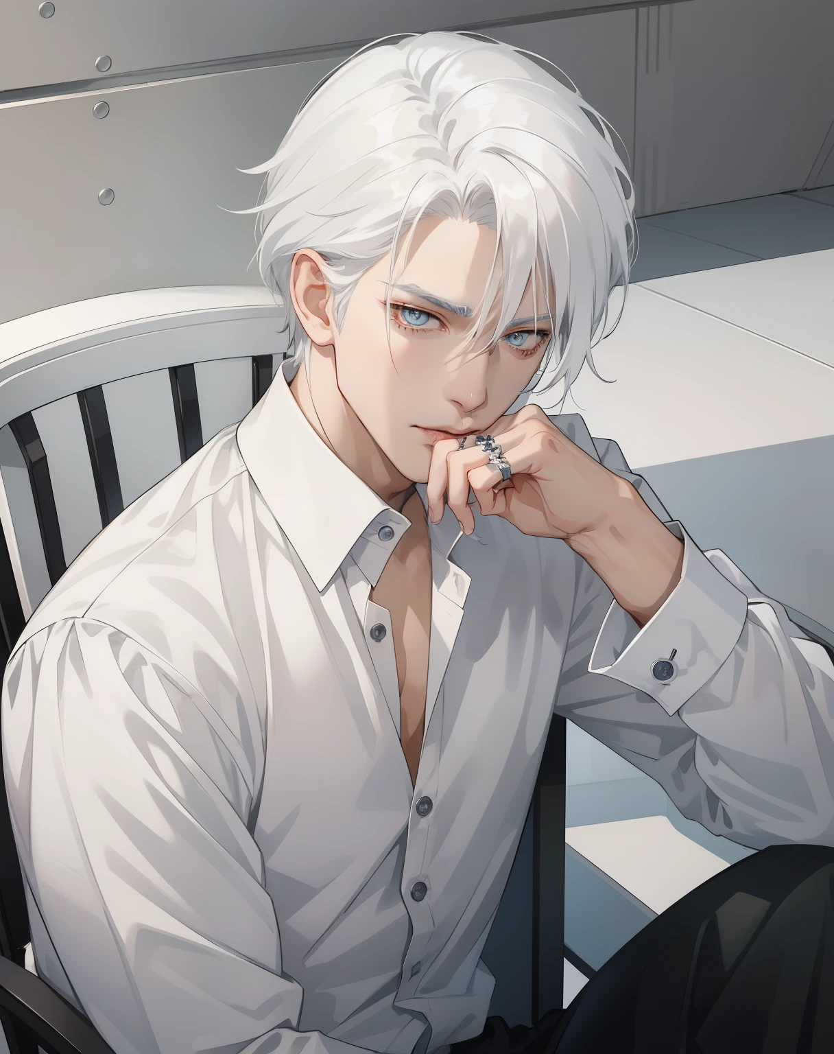 Anime guy with white hair sitting on chair, Bring your hands to your face, White half-unbuttoned shirt, white haired, maniacal gaze, handsome anime pose, a silver haired mad, Tall anime guy with amber eyes, hand on cheek, gray haired, finger rings